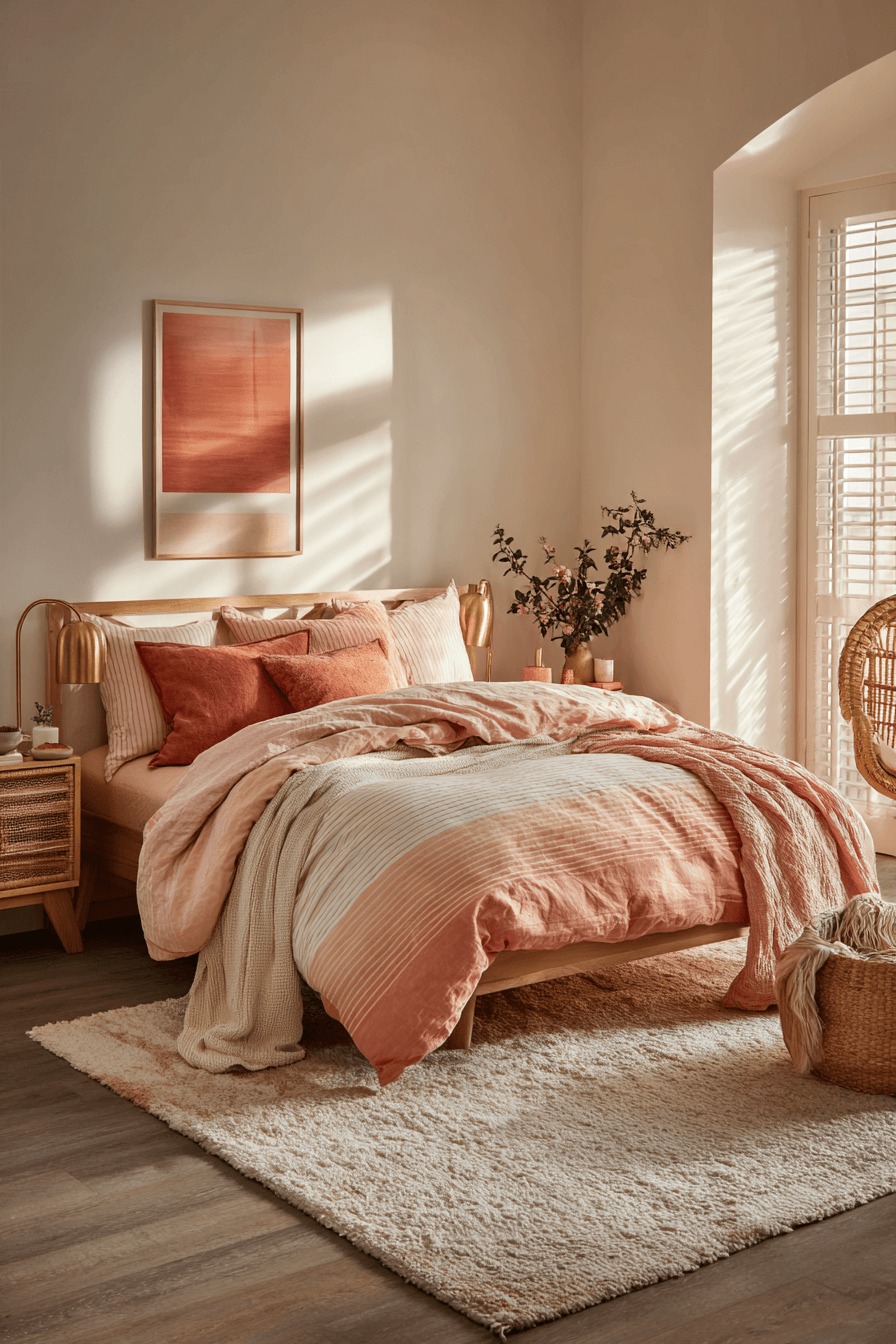 Sunset toned bedroom with rust, peach, coral, and warm brass accents