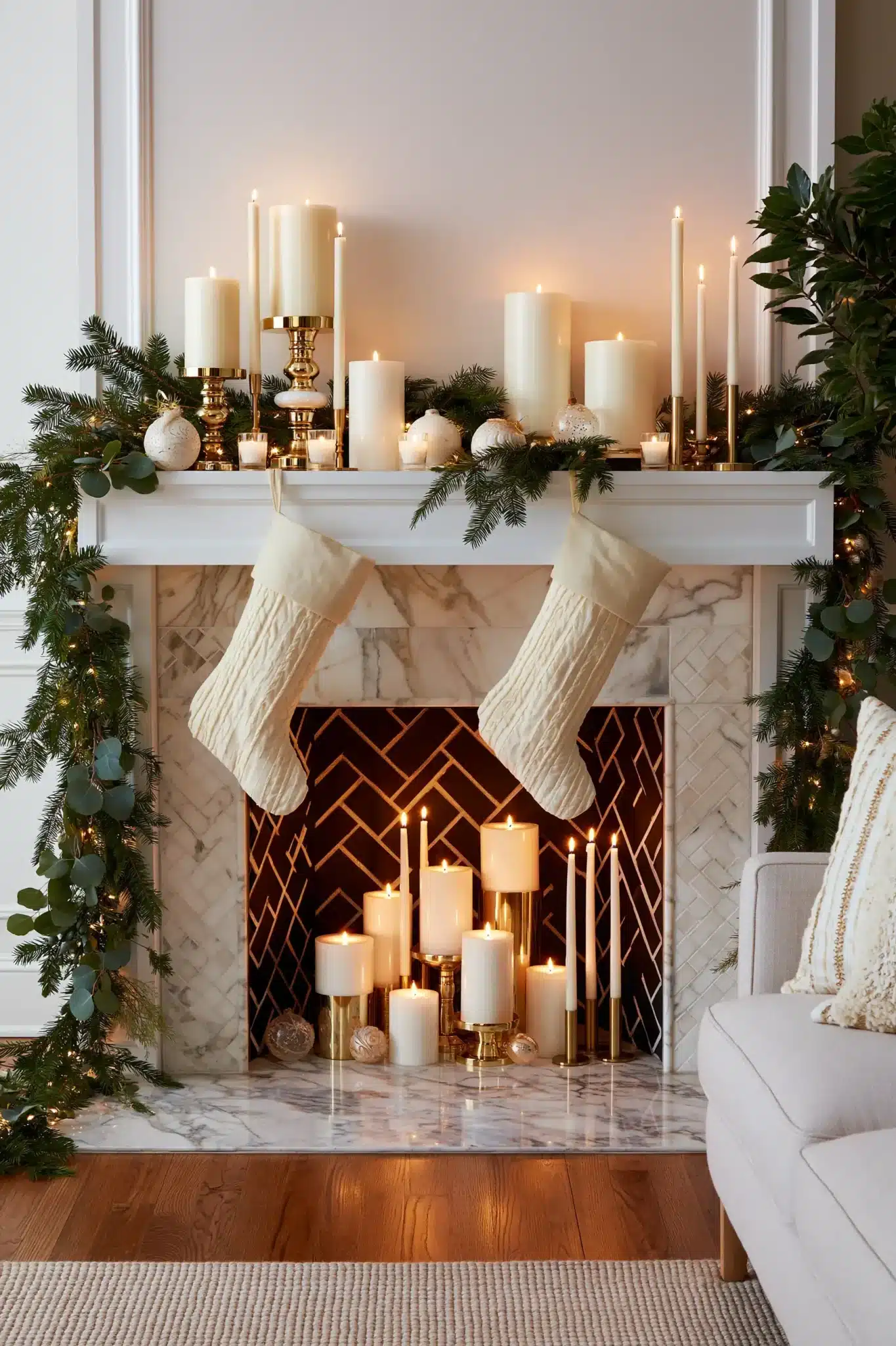 A fireplace mantel decorated with candles, greenery, and simple holiday accents.