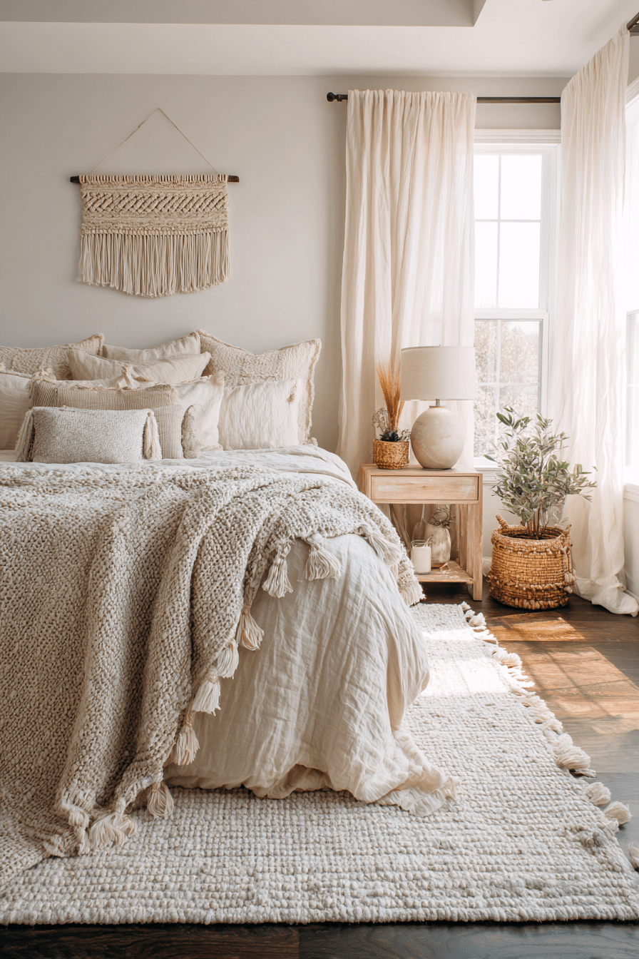 Beachy boho bedroom with gauzy curtains, layered quilt and throws, macramé details, and weathered wood