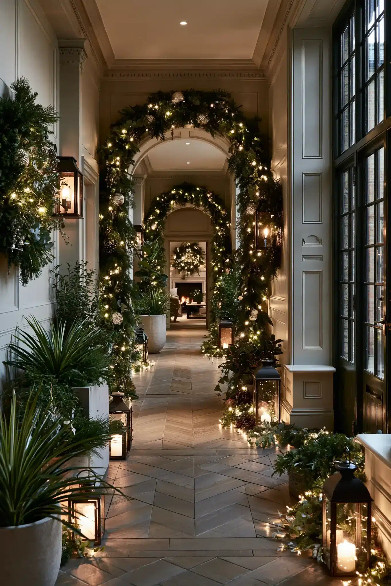 Hallway styled with layered evergreen garlands, warm lights, and elegant holiday accents