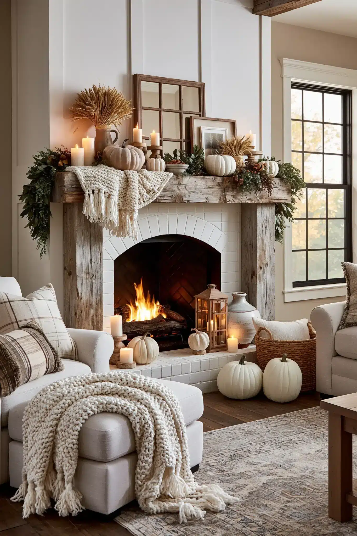 A Thanksgiving mantel with layered pumpkins, candles, wood accents, and greenery.