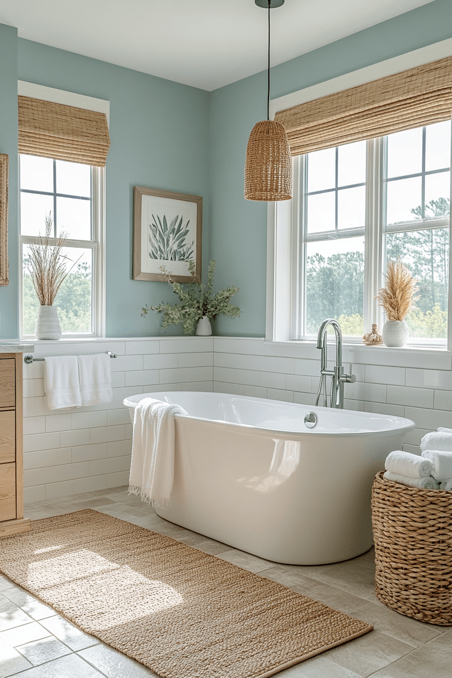 Layered beachy bathroom with pale aqua, white, warm wood, and glowing light