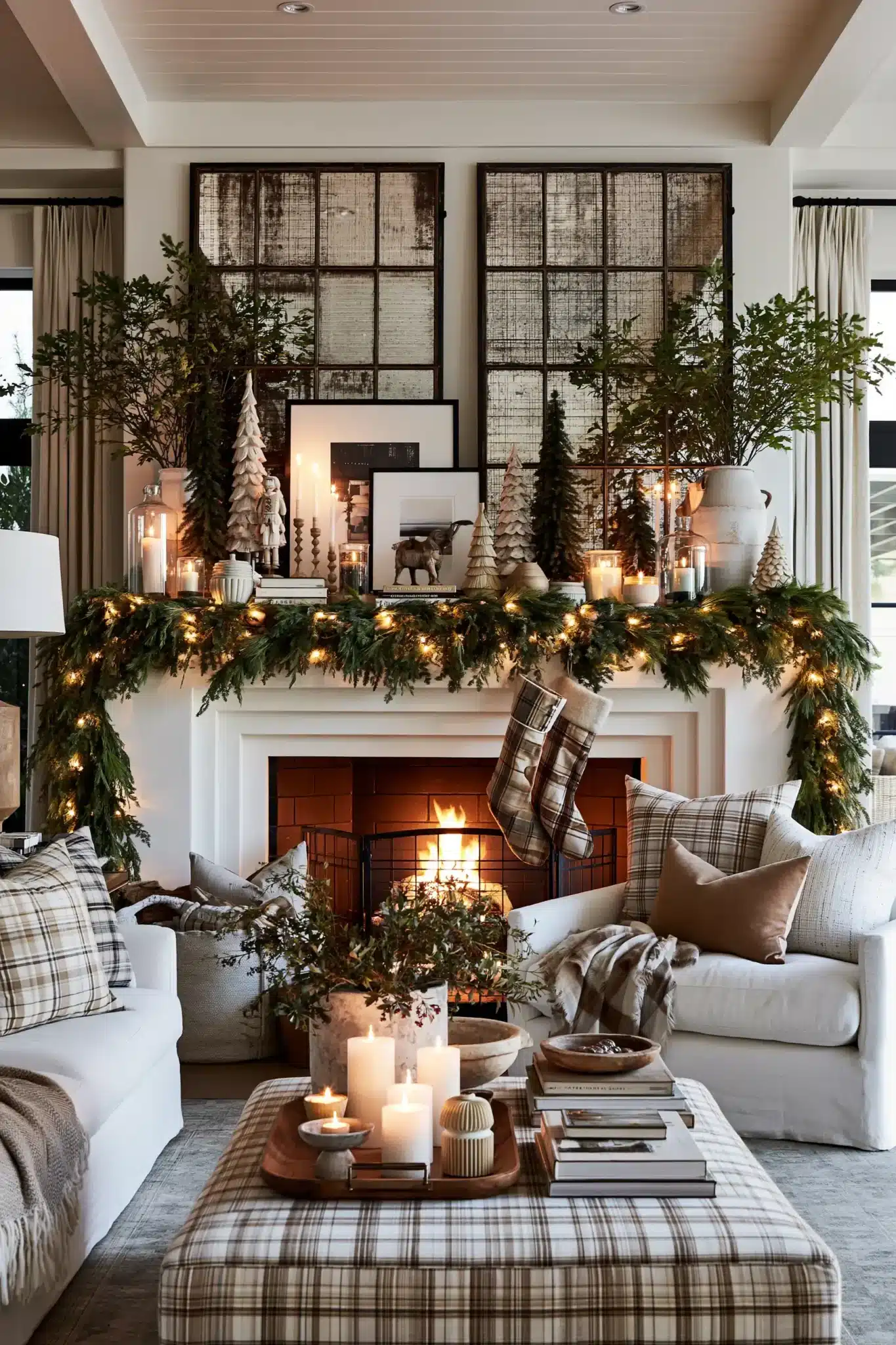 Luxe Christmas mantel layered with garland, candles, stockings, and artwork