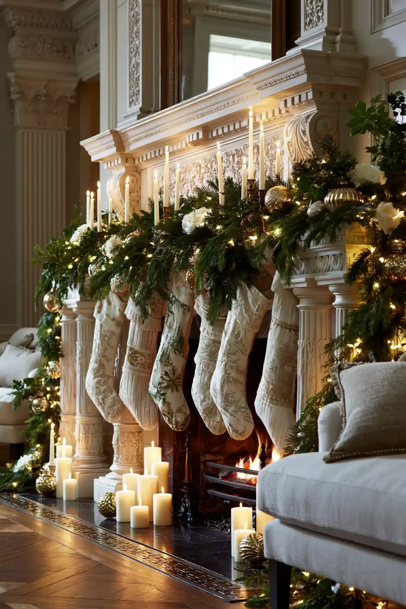 A mantel styled with garland, candles, and classic Christmas decor