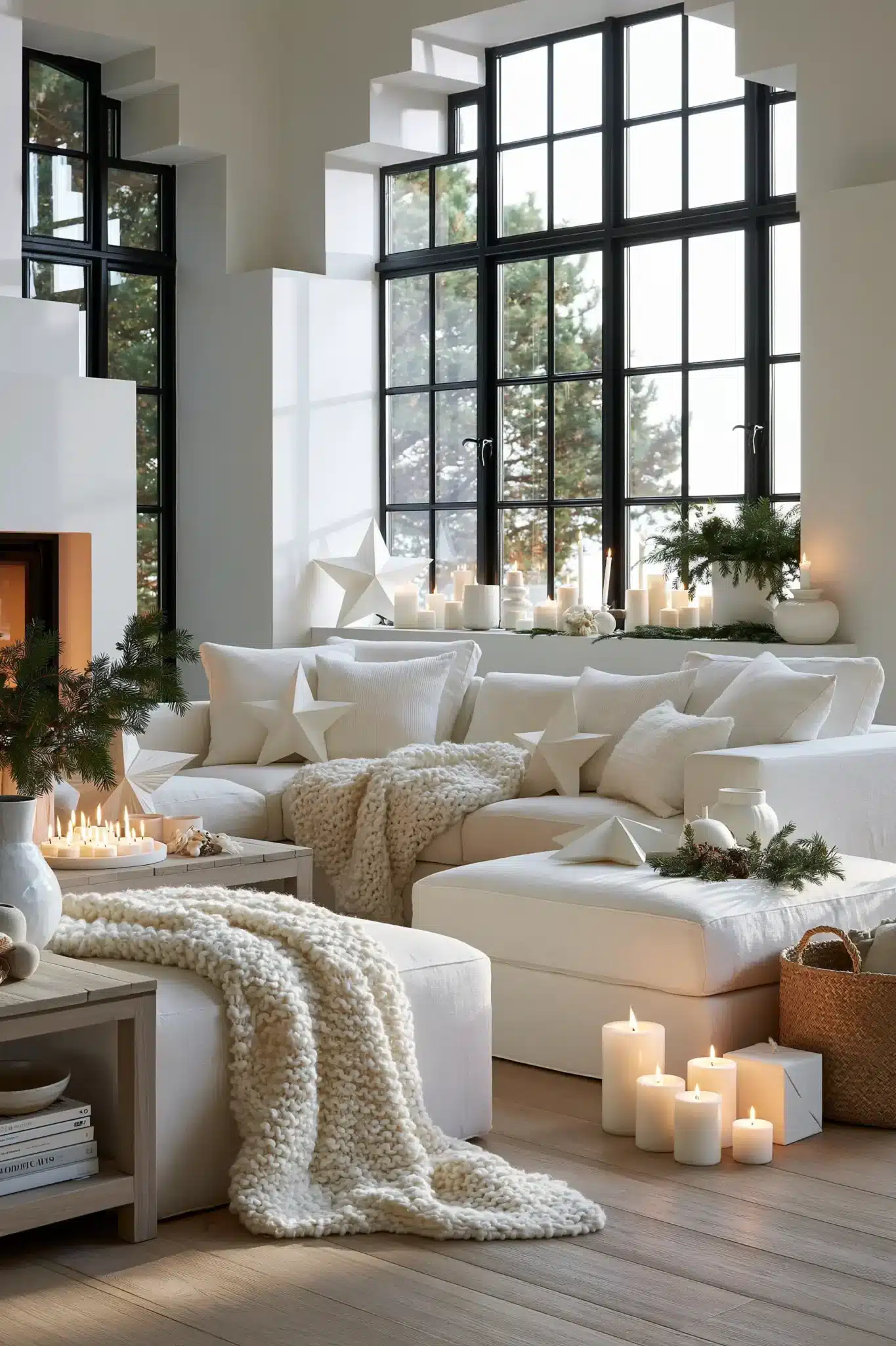 Scandinavian holiday living room with white Christmas decor, knit throws, pale wood, and paper stars