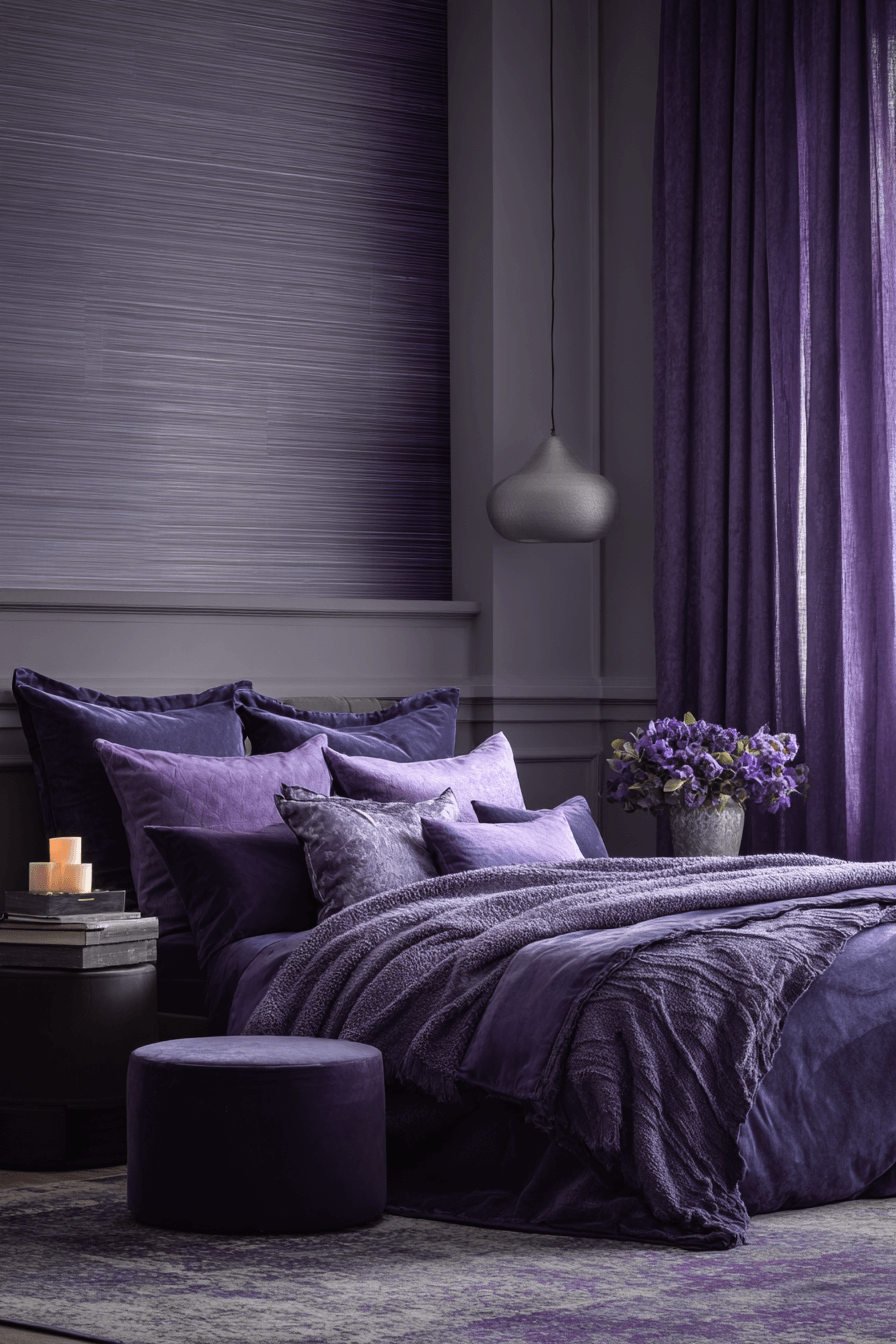 Purple monochrome bedroom with layered shades and mixed textures