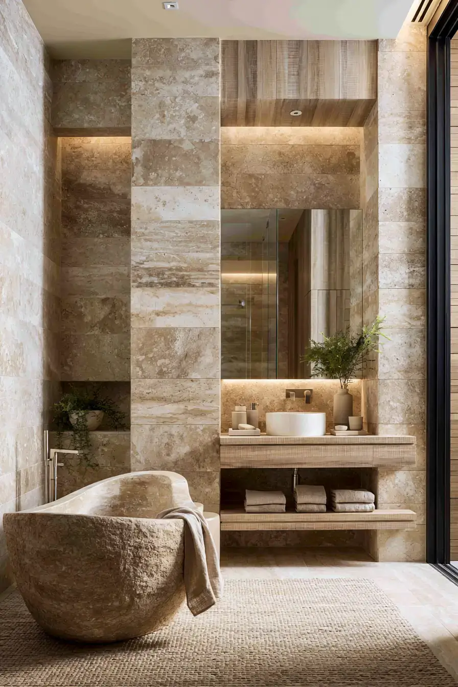 Natural stone bathroom styled as a calm spa retreat with wood accents