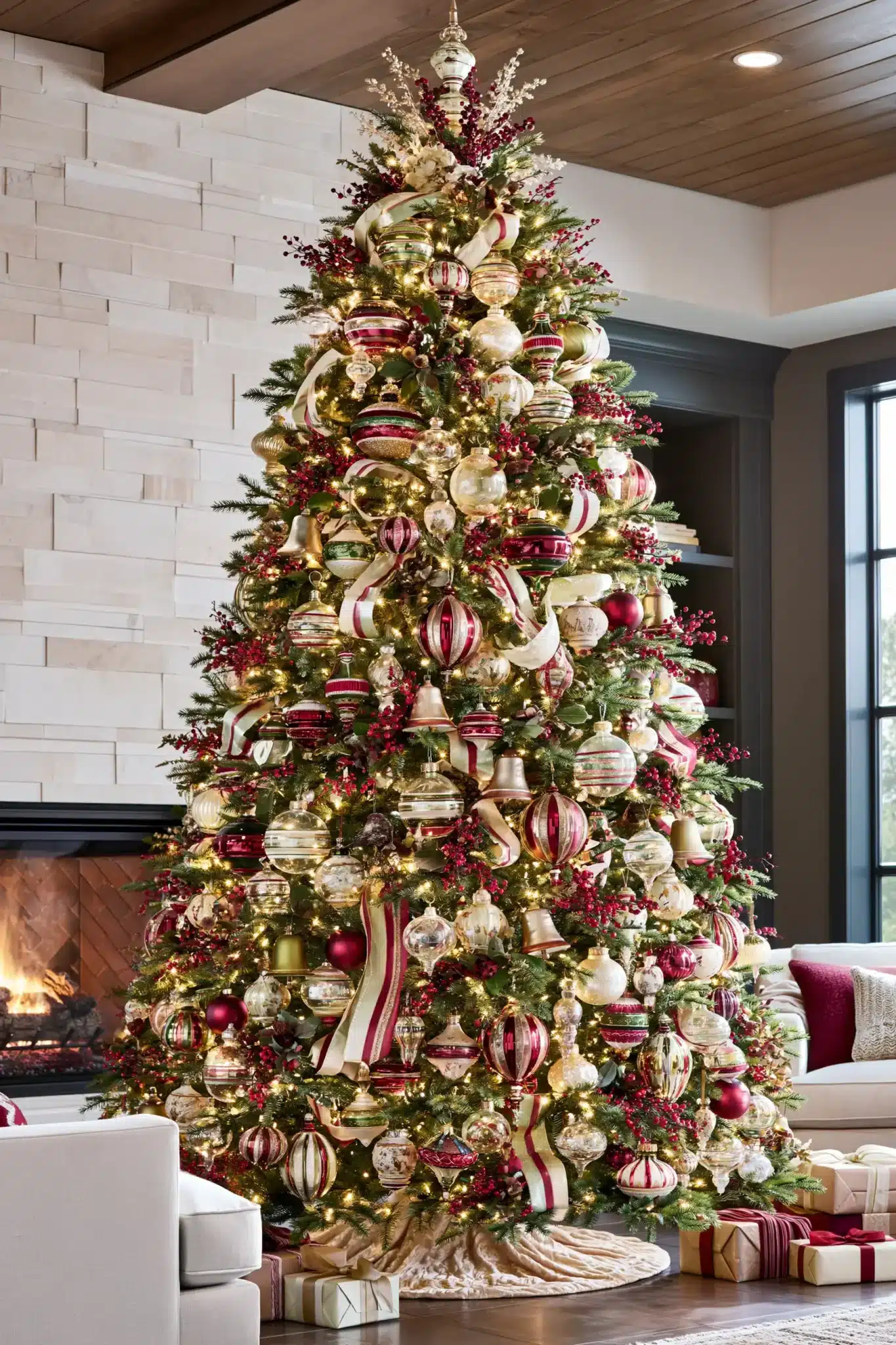 Fully decorated Christmas tree with layered ornaments, ribbon, and classic trimmings.