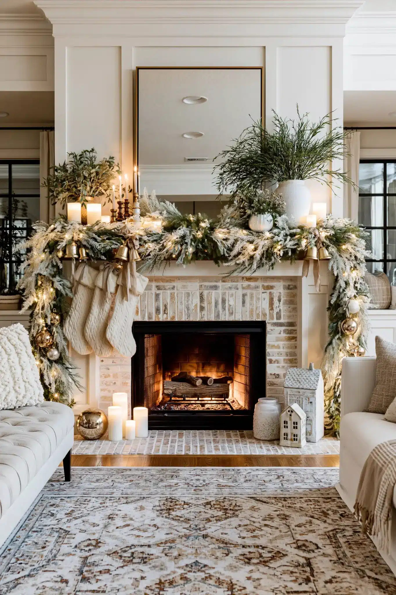 A Christmas mantel decorated with ivory stockings, candles, gold ornaments, and greenery.