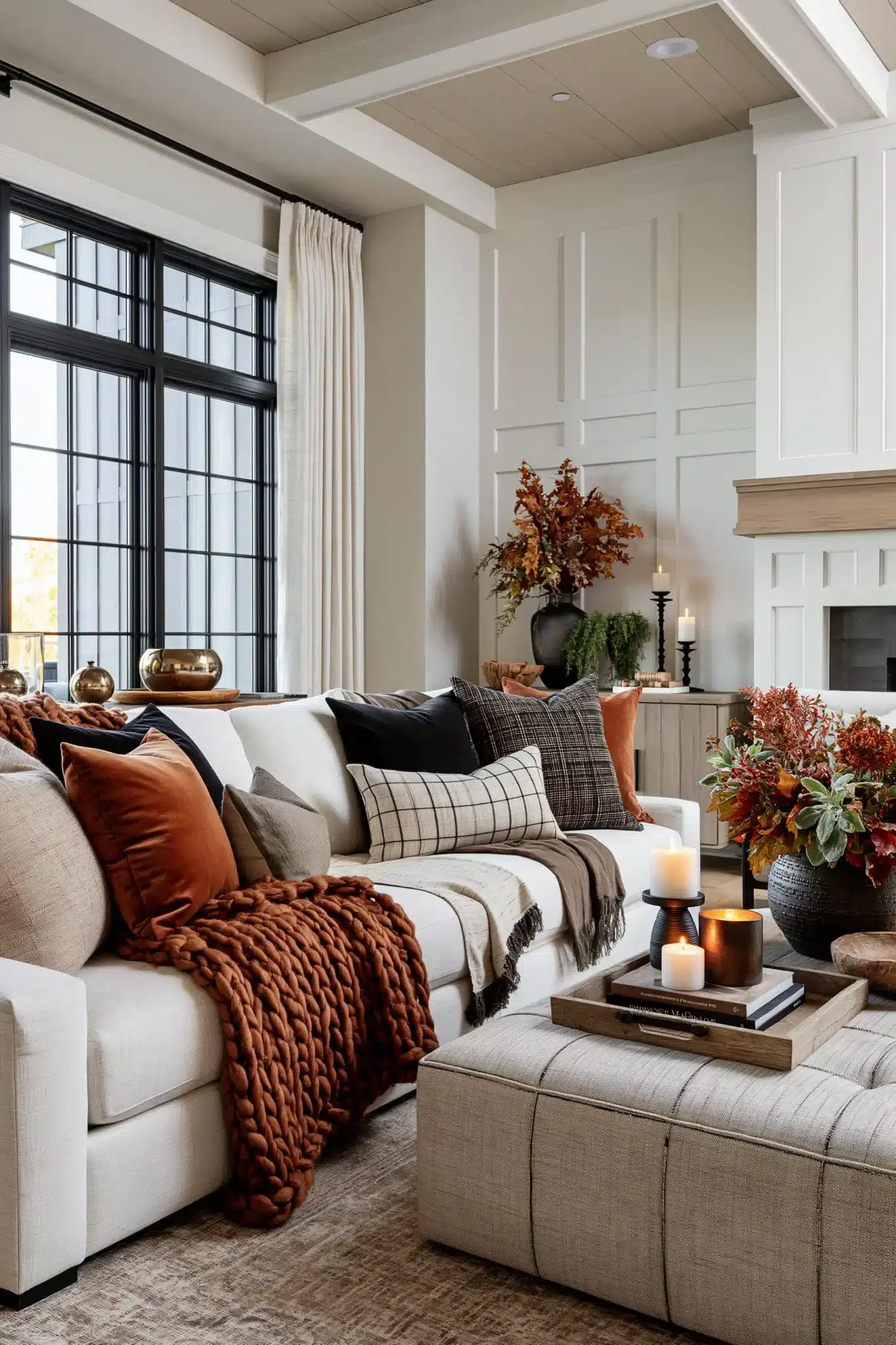 Luxe autumn layers with velvet, knits, polished metal, and linen in a stylish room.