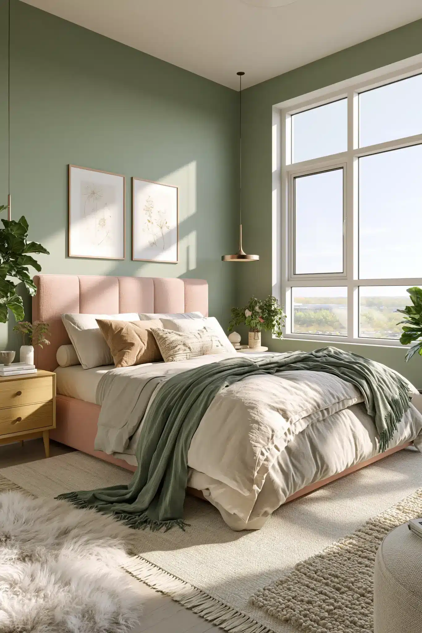 Sage green and blush bedroom with botanical art, blush bedding, and warm wood accents.