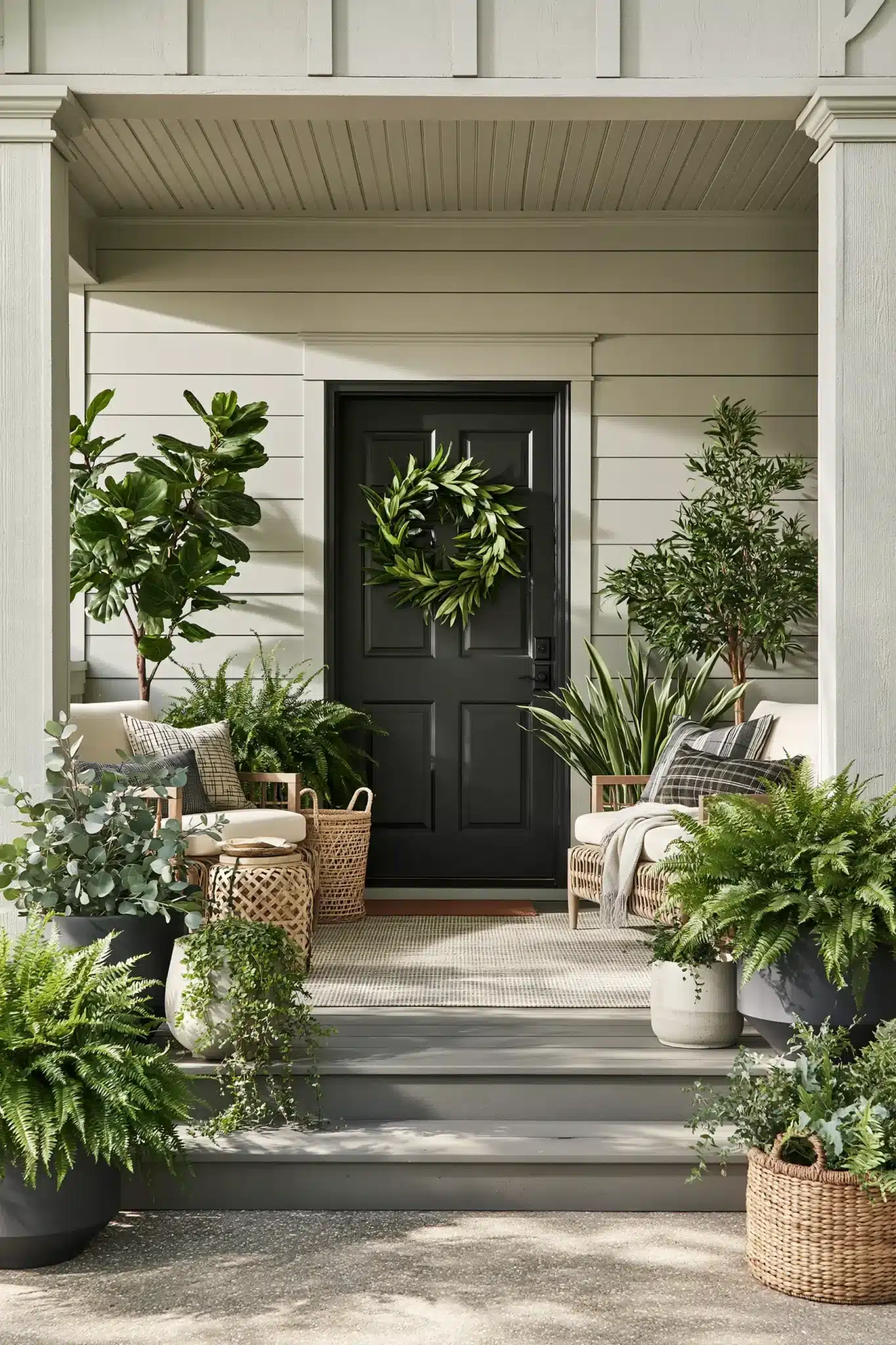 A modern spring porch with lush greenery, simple planters, and light neutral decor.