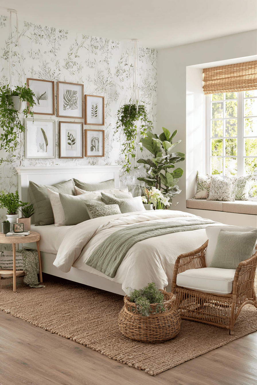 Bright bedroom with botanical wall art, hanging plants, and simple wood furniture