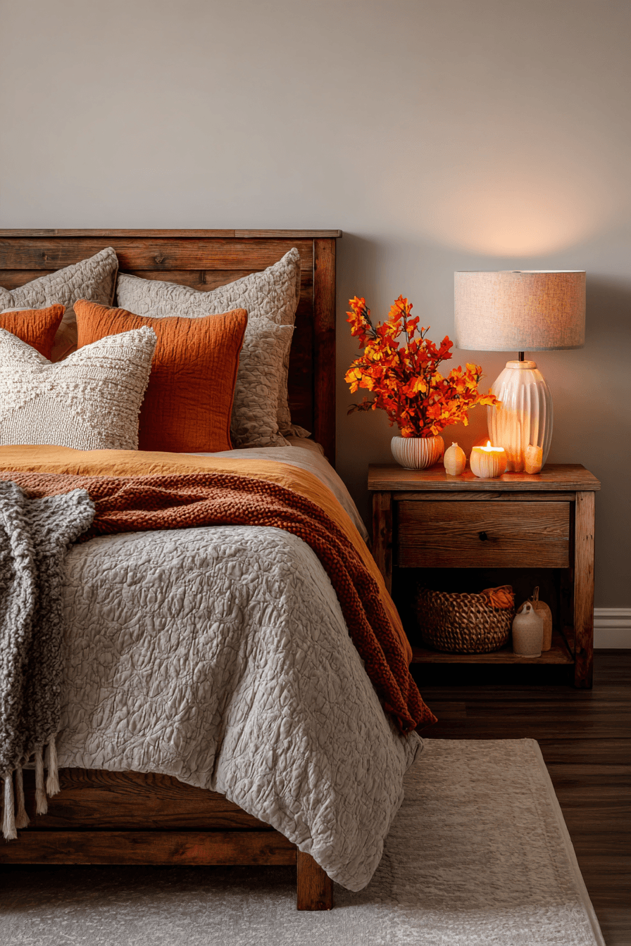 Warm autumn bedroom with rust and mustard tones, plaid textures, and candles