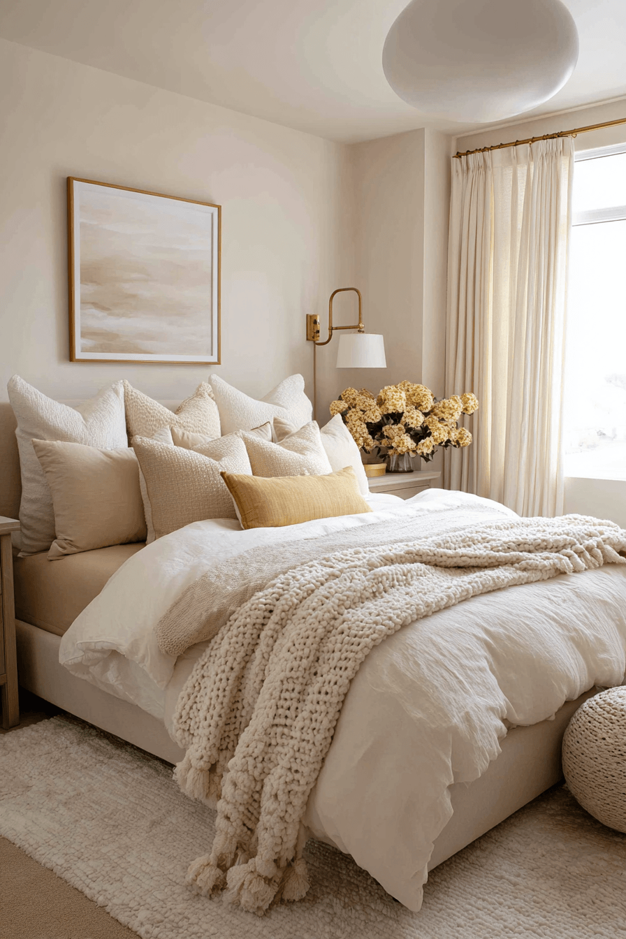 Buttery cream warm bedroom with light wood furniture and soft textiles
