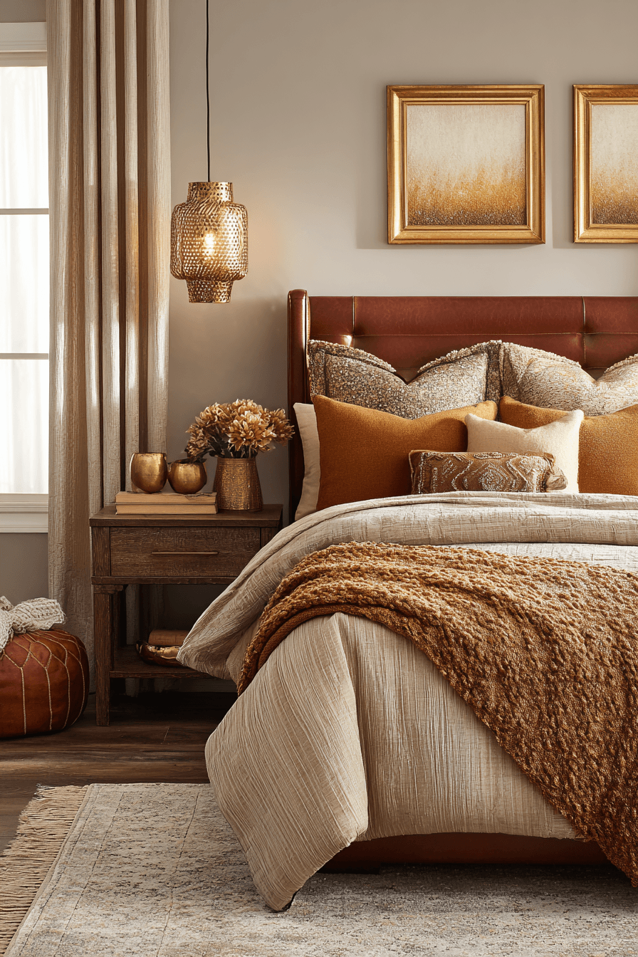 Caramel toned bedroom with soft fabrics, warm lighting, and cozy decor