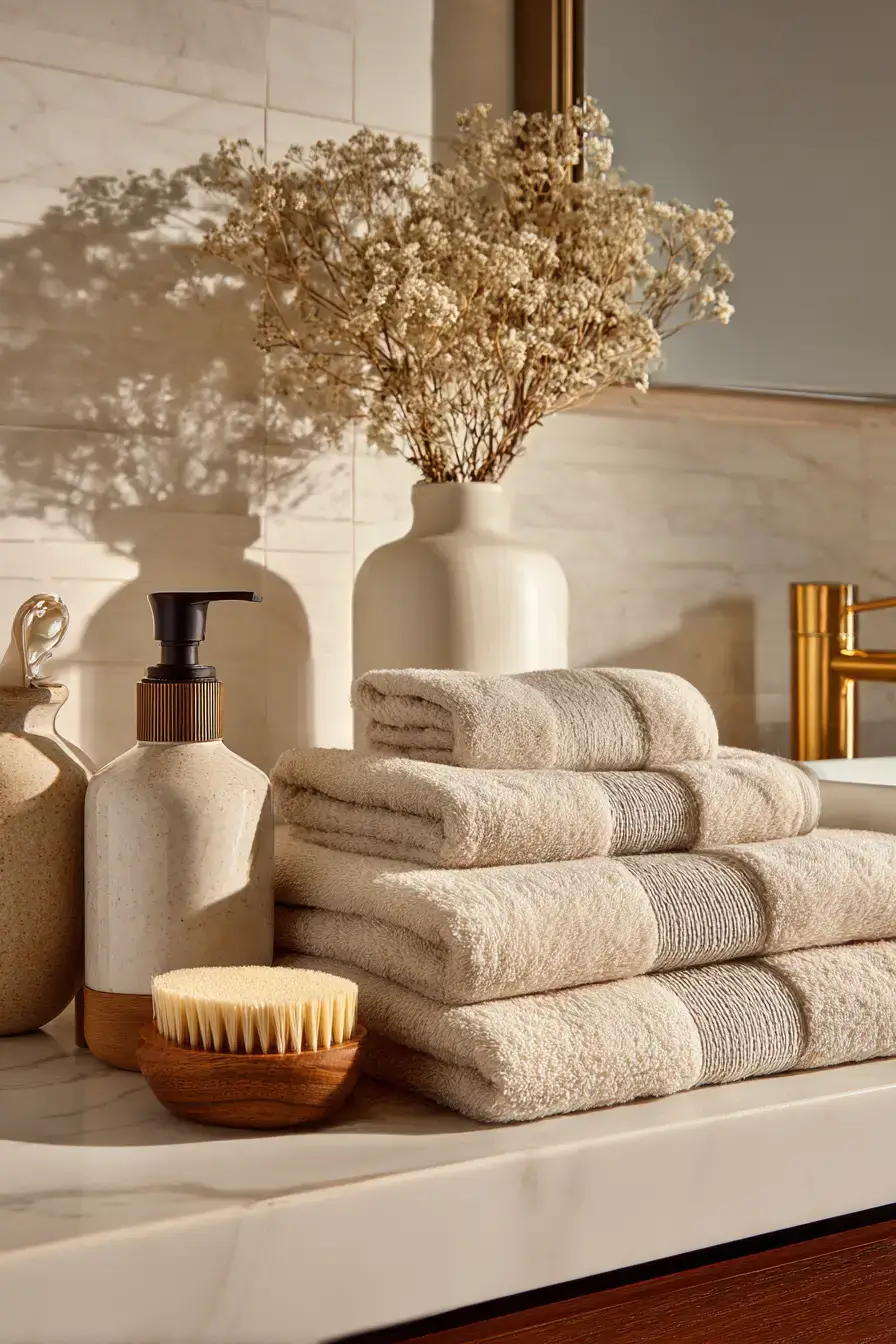 Cozy neutral bathroom with beige tones, wood details, and warm lighting