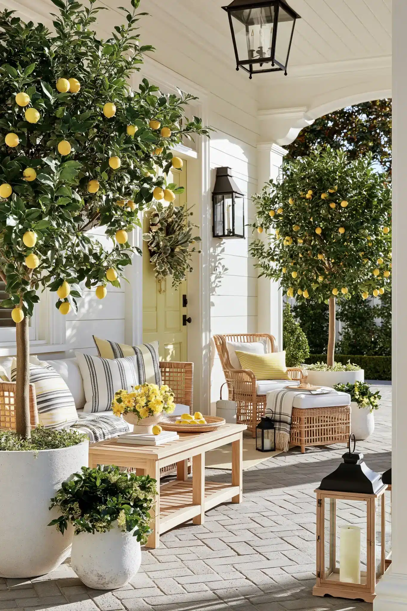 A sunny spring porch with lemon-inspired decor, bright yellow accents, and clean white planters.