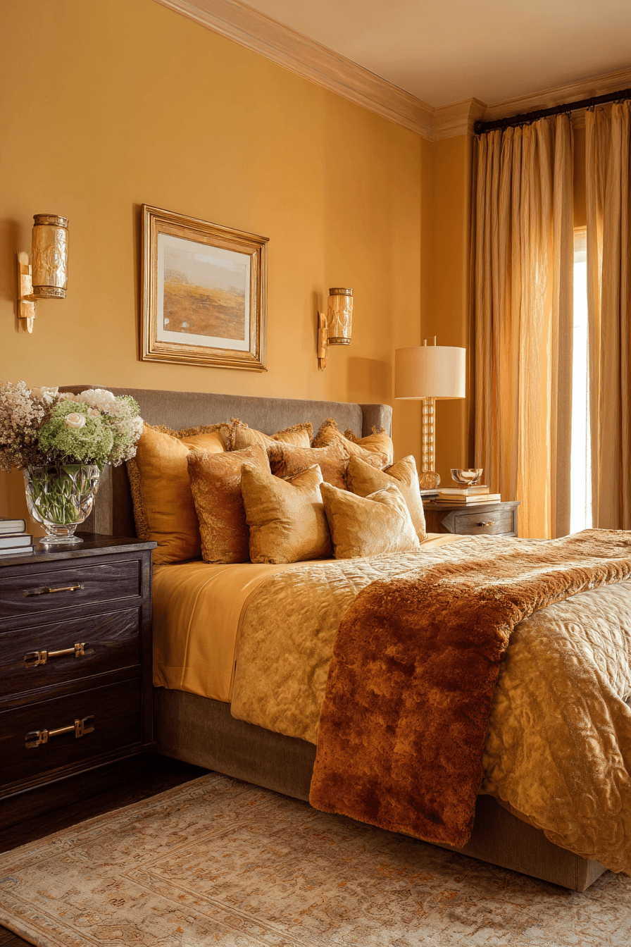 Cozy bedroom glowing with amber light, warm bedding, and rich accent colors