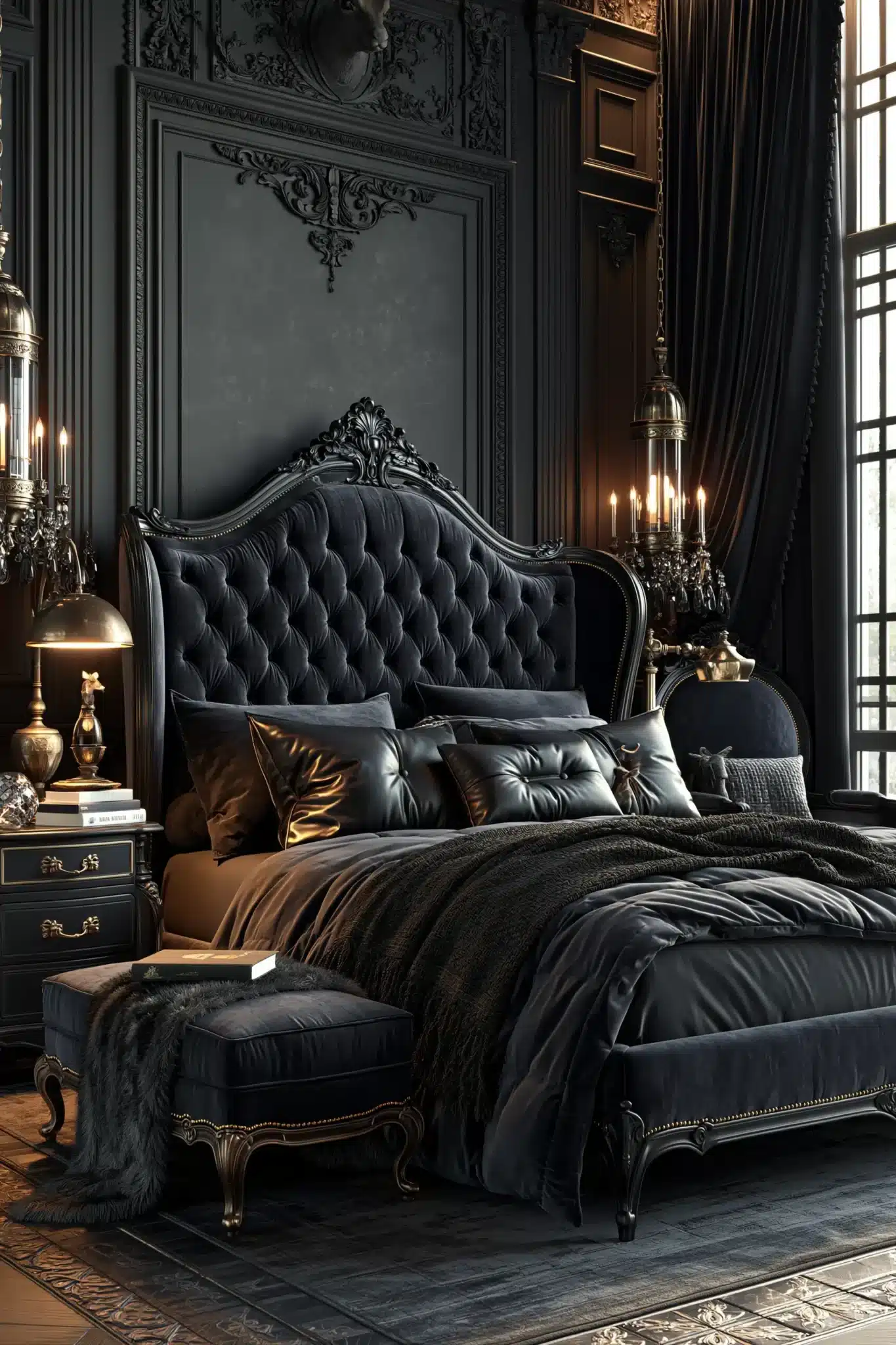 A gothic bedroom centered around black velvet textures and warm metallic details