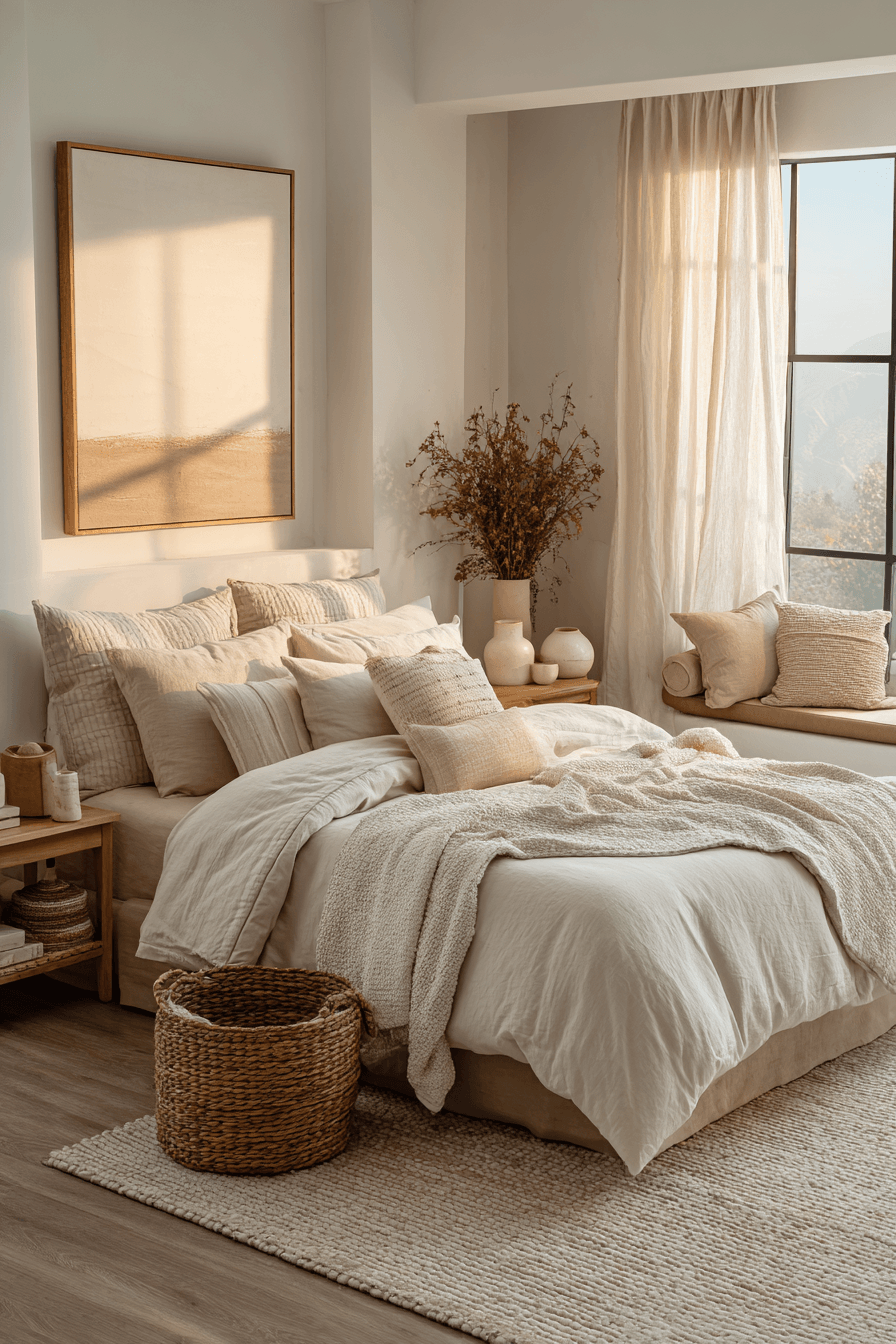 Warm beige bedroom with layered textures and natural wood accents