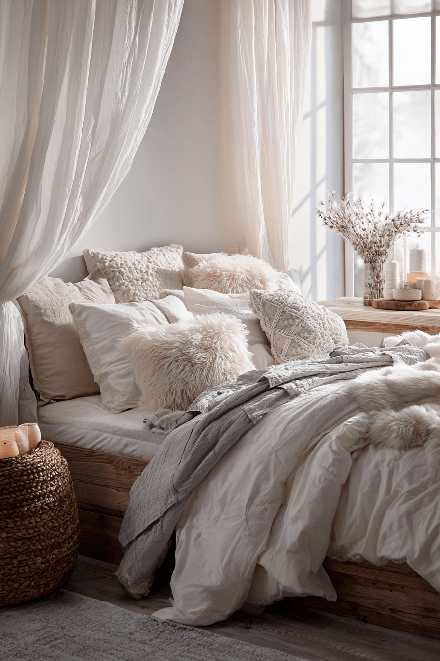 A light and airy cozy bedroom with soft cream bedding and sheer curtains.