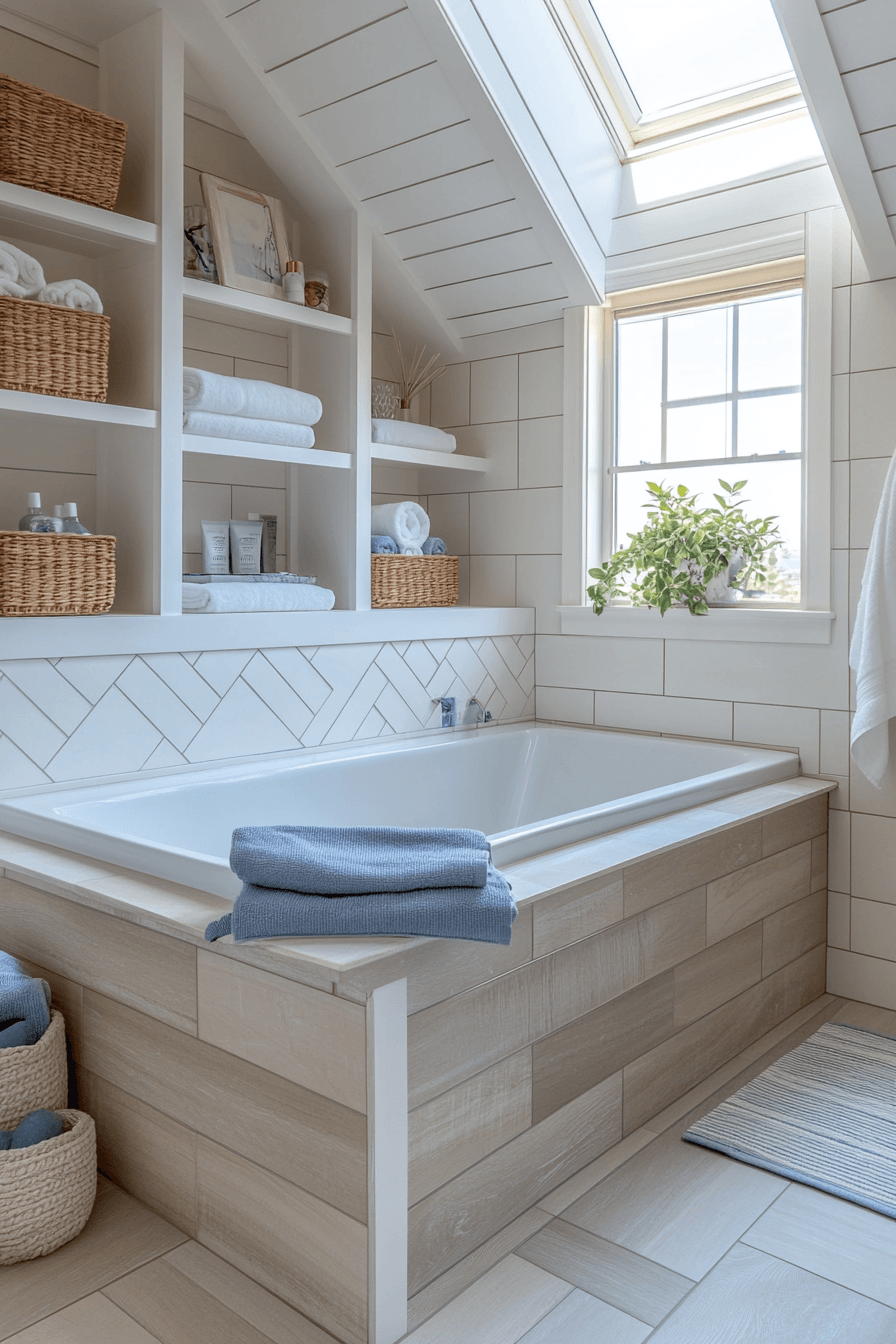 Light-filled coastal bathroom with a skylight, pale finishes, and natural textures