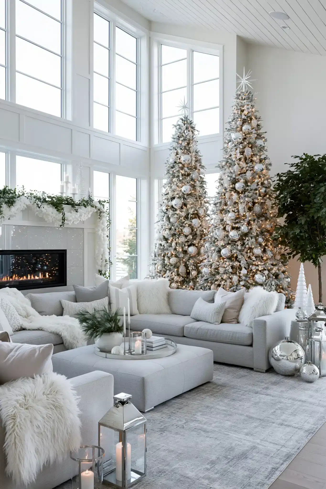 Light-filled holiday room with sparkling lights, reflective accents, and white Christmas decor