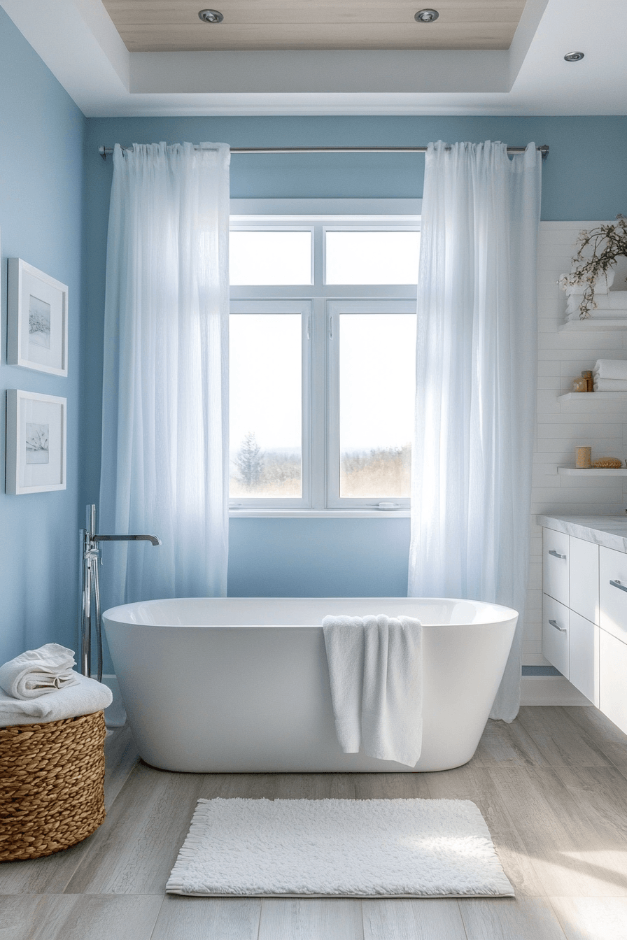 Minimal coastal bathroom with pale blue walls, white tile, and simple floating shelves