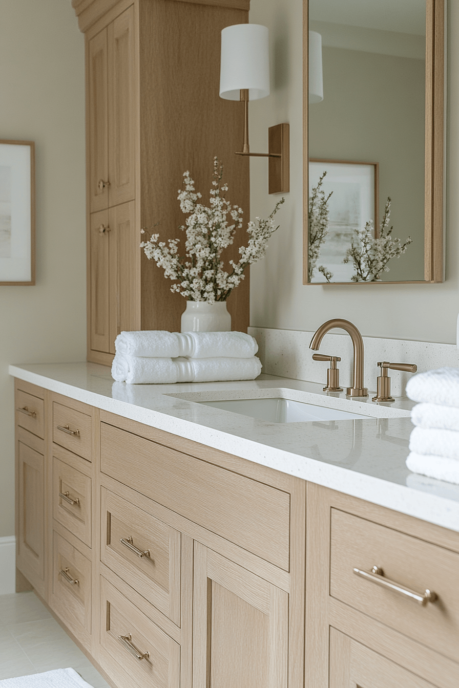 Light oak coastal bathroom with white tile and soft ocean-inspired accents