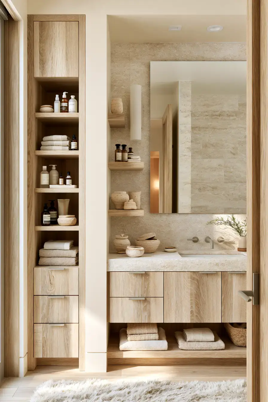 Light wood Japandi bathroom with creamy walls, stone texture, and matte hardware