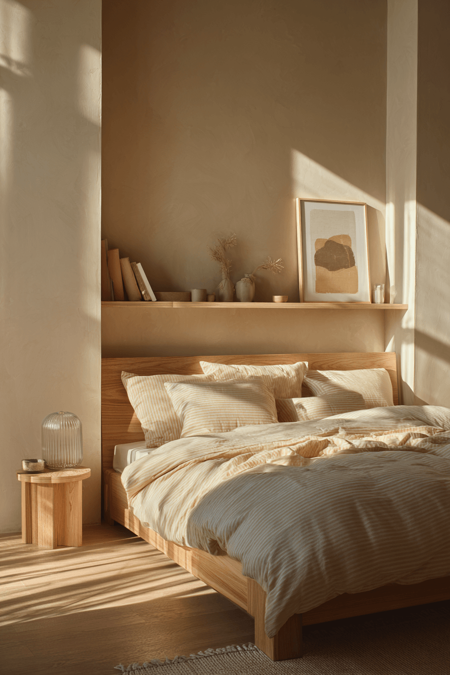 Warm minimalist bedroom with light wood furniture and a peaceful neutral palette