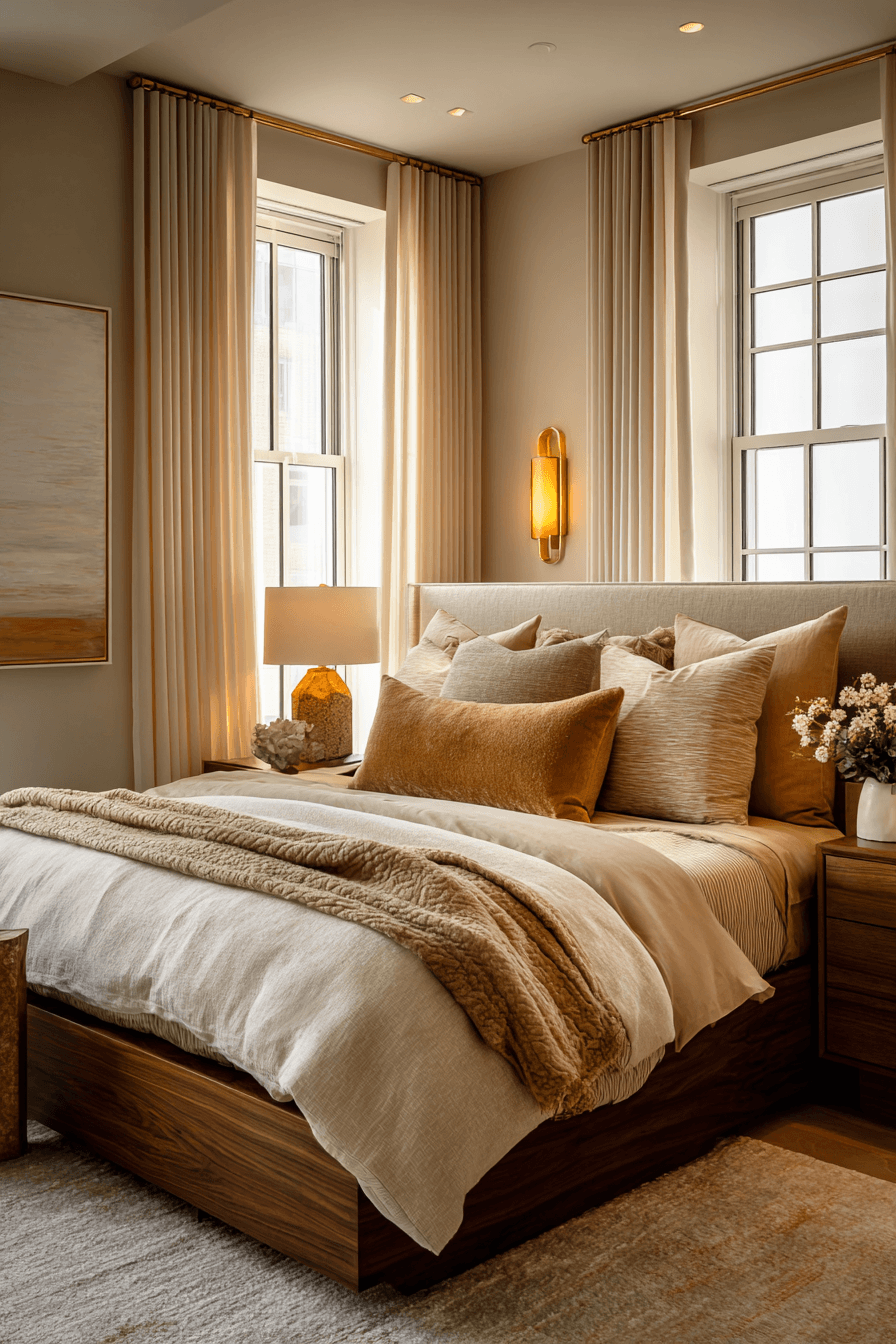A warm bedroom with layered lighting, bedside lamps, and a soft amber glow