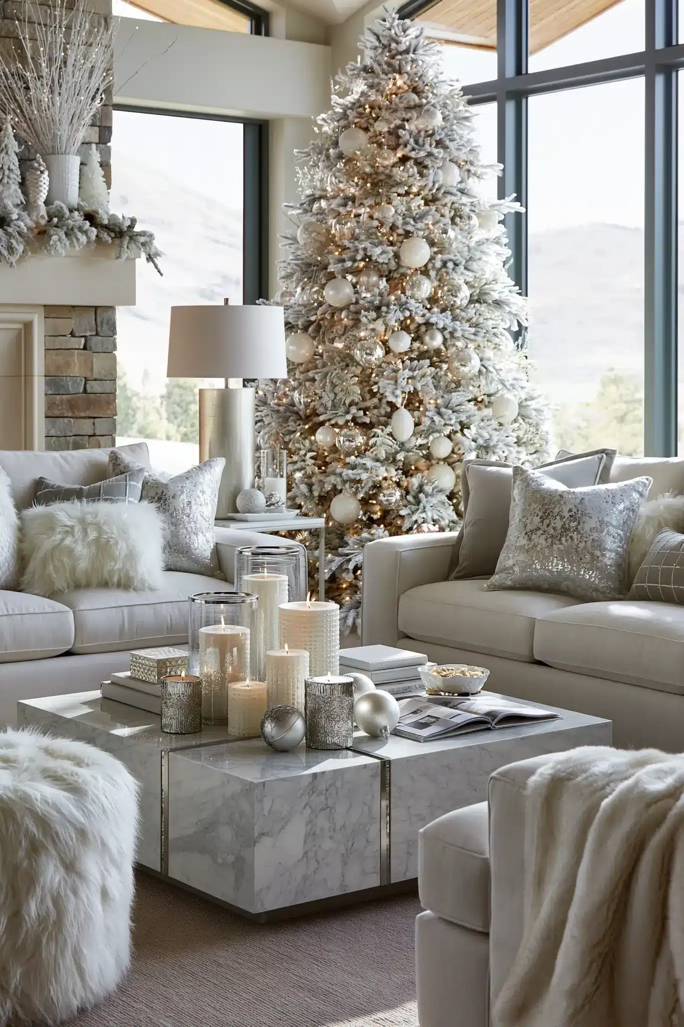 Holiday decor with lightly frosted greenery, shimmering ornaments, and white Christmas styling