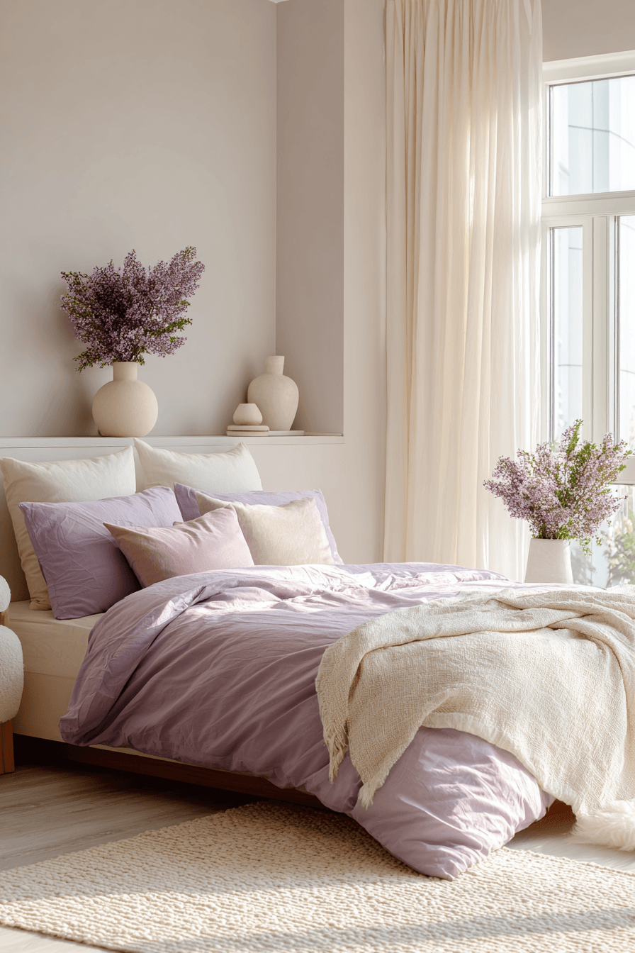 Light lilac and cream bedroom with airy bedding and pale wood details