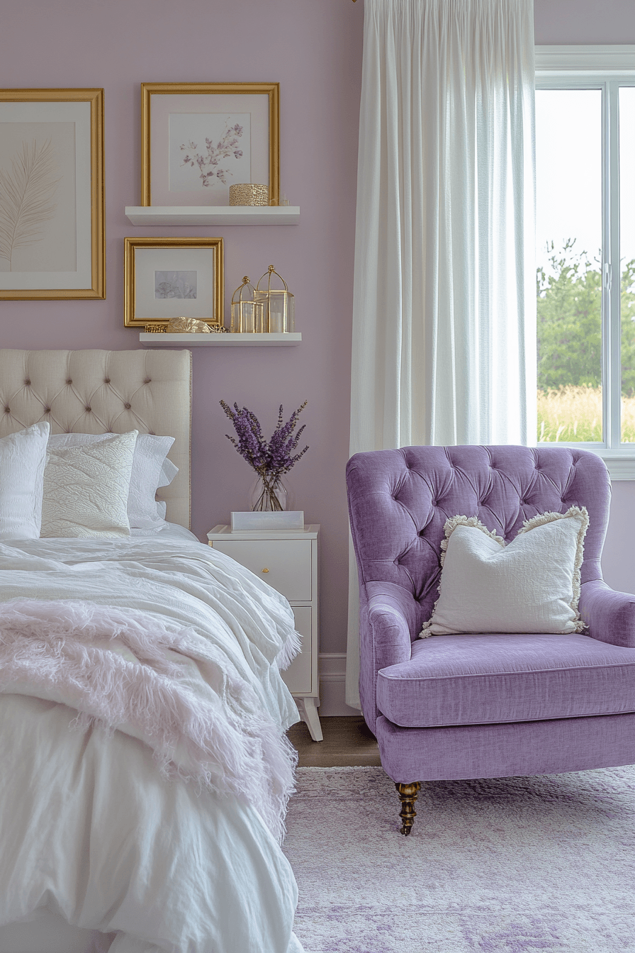 Dreamy lilac bedroom with soft textiles, pale accents, and romantic styling