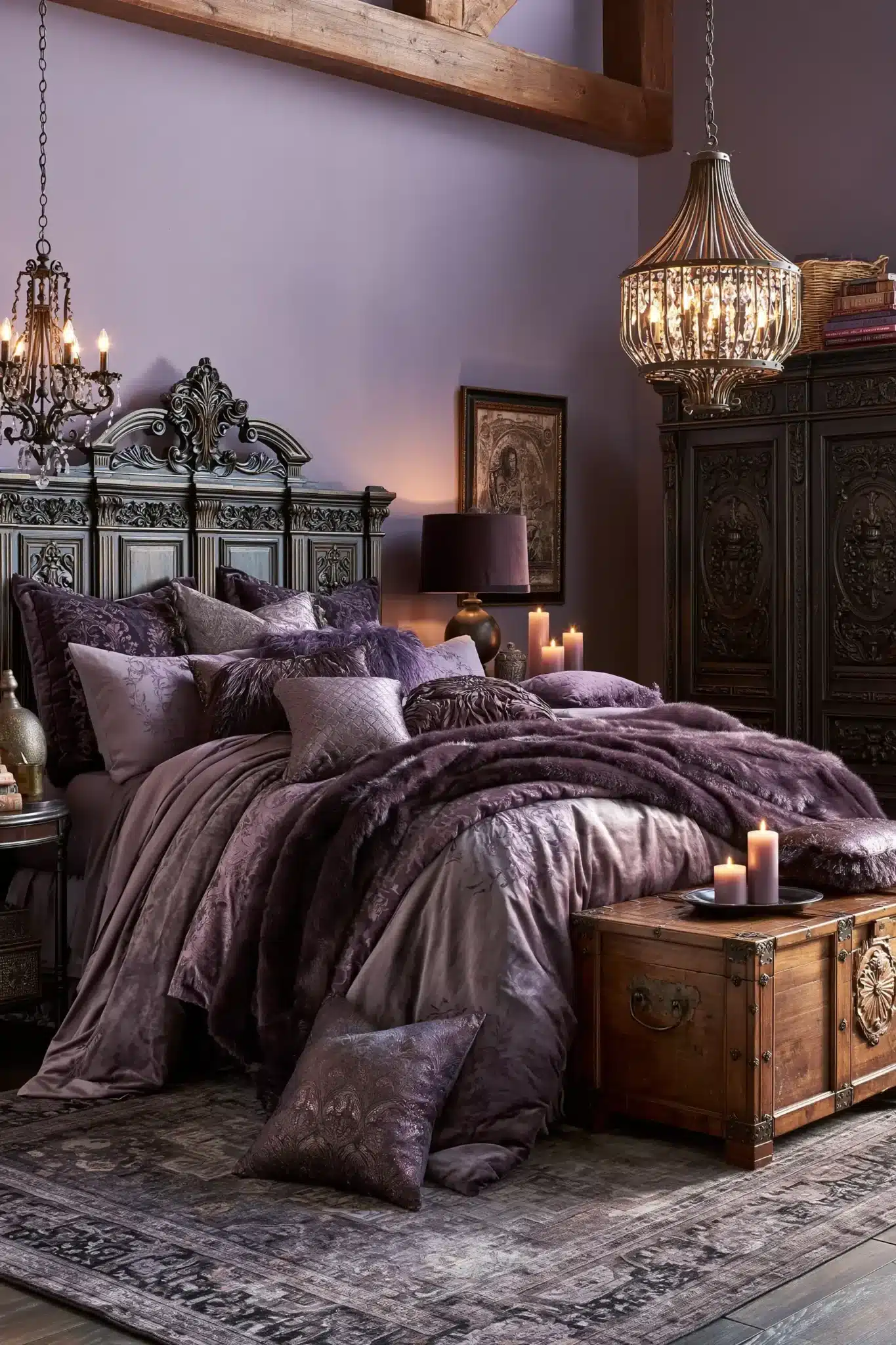 Lilac purple gothic bedroom with traditional gothic furniture, rich fabrics, and vintage-style decor.