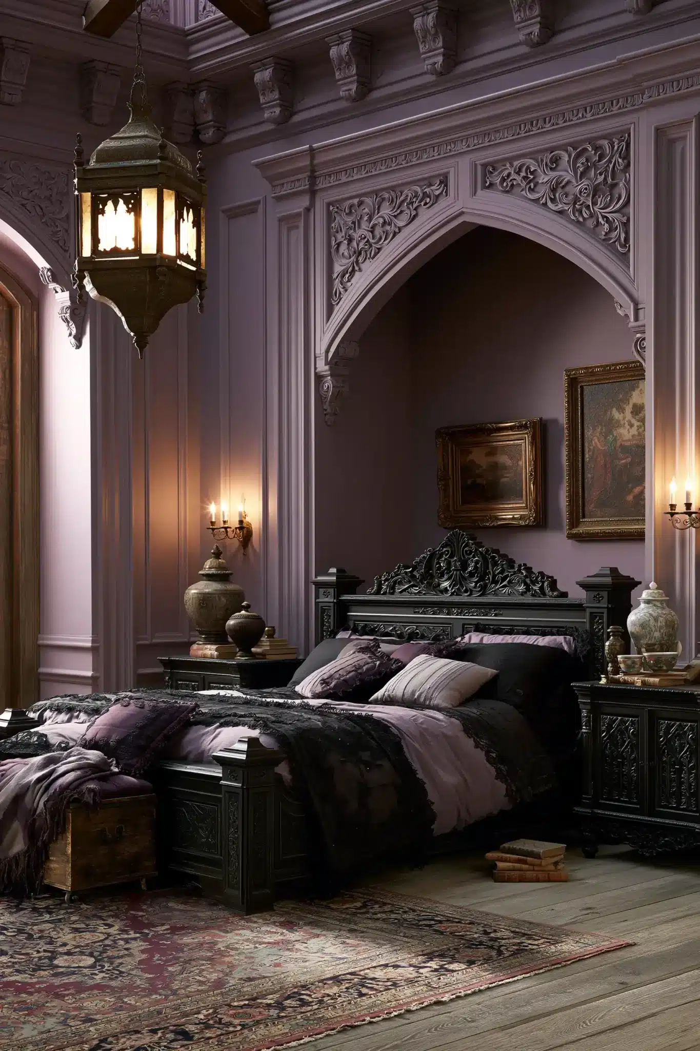 Lilac purple gothic bedroom with dark wood furniture and antique-inspired accents.