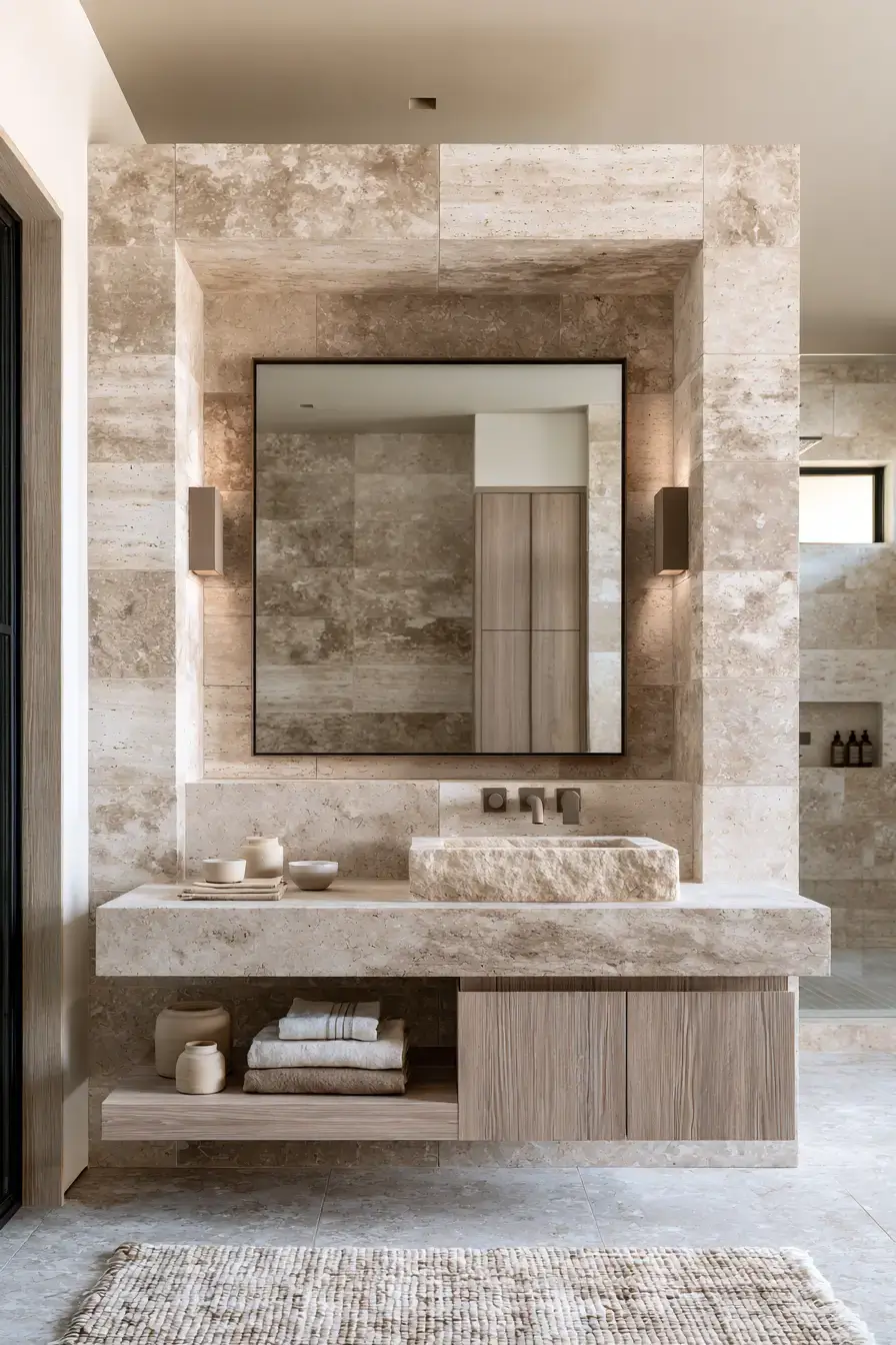 Calm limestone shower with large-format tiles and matte finishes
