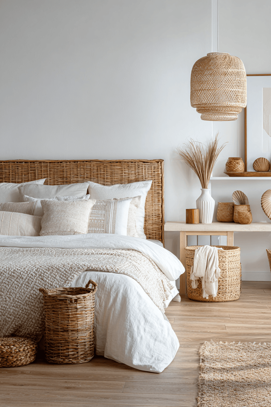 Beach bedroom with rattan furniture linen bedding and soft coastal accents