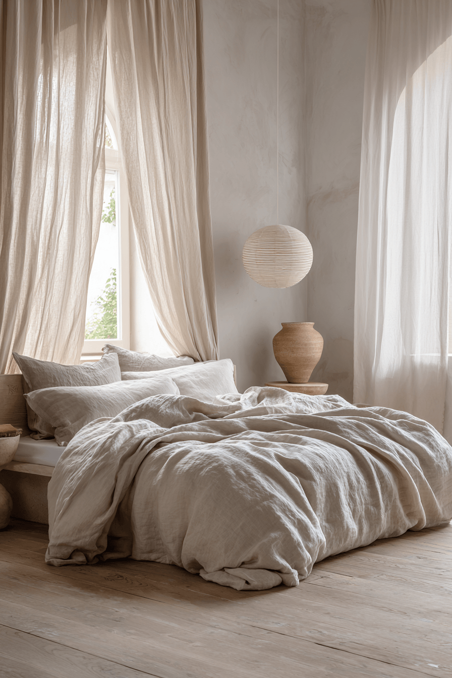 Warm minimalist bedroom with layered linen bedding in soft neutral colors