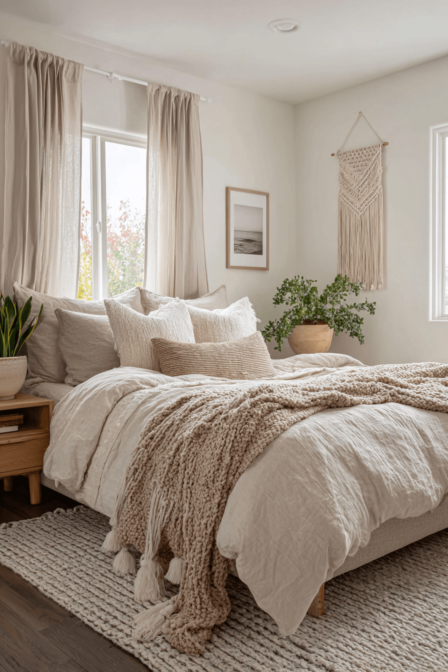 Warm neutral bedroom styled with linen curtains, relaxed bedding, and natural wood accents