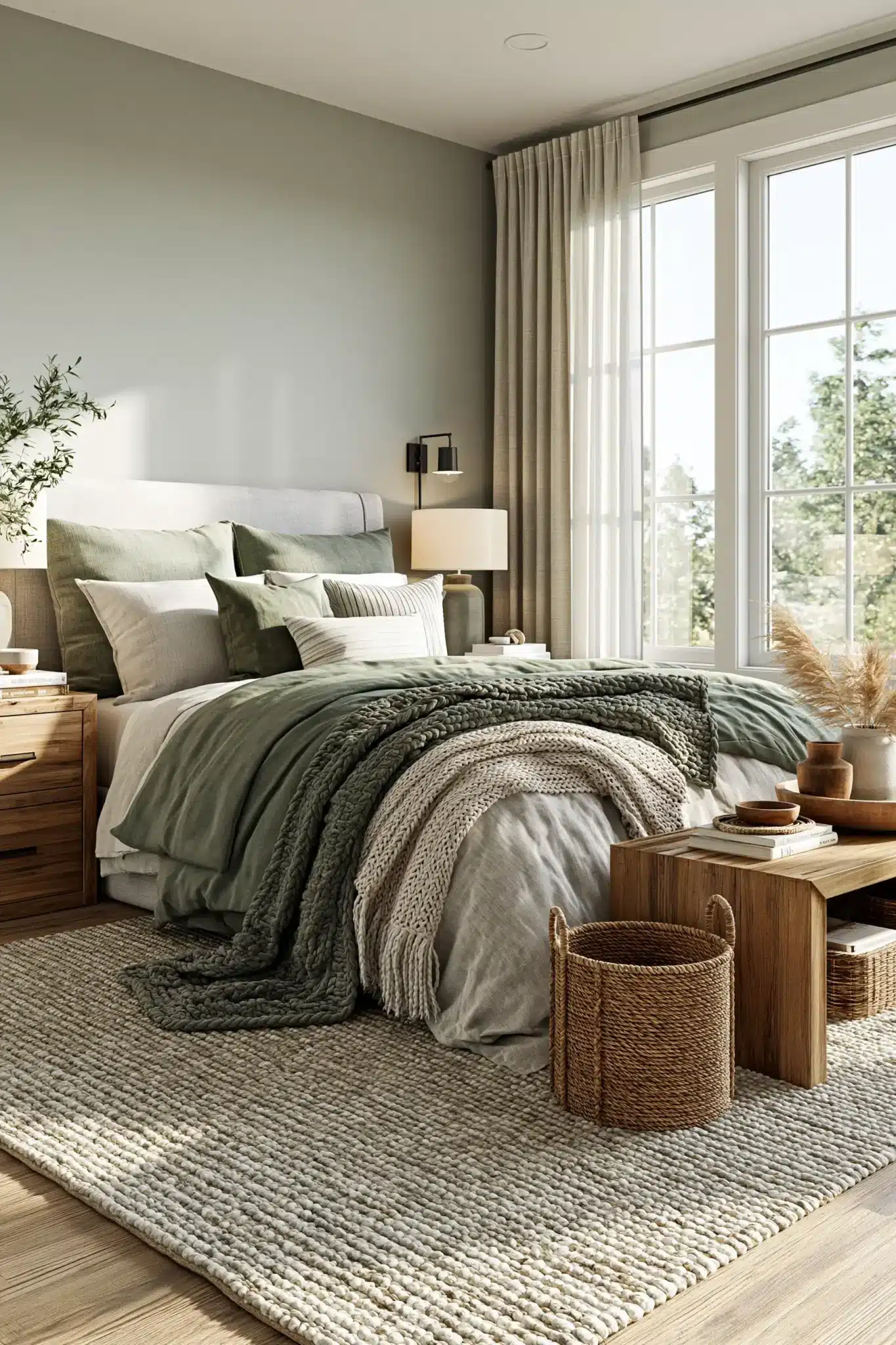 Sage green and grey bedroom with linen textures, neutral furniture, and warm wood details