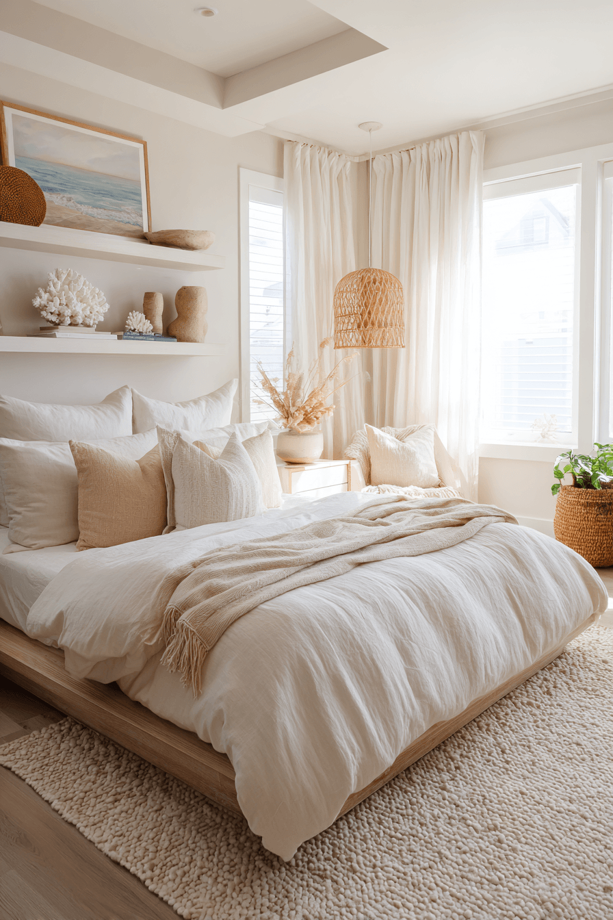 Beachy boho bedroom with linen bedding, pale wood furniture, and a cane bench