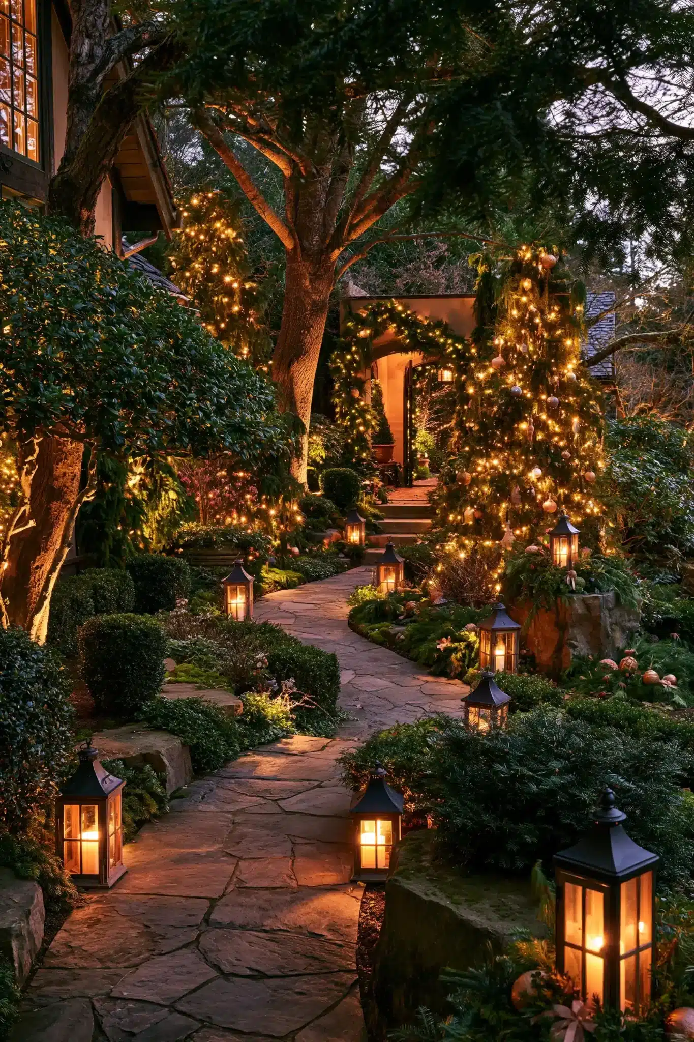A garden path illuminated with lights and holiday decor