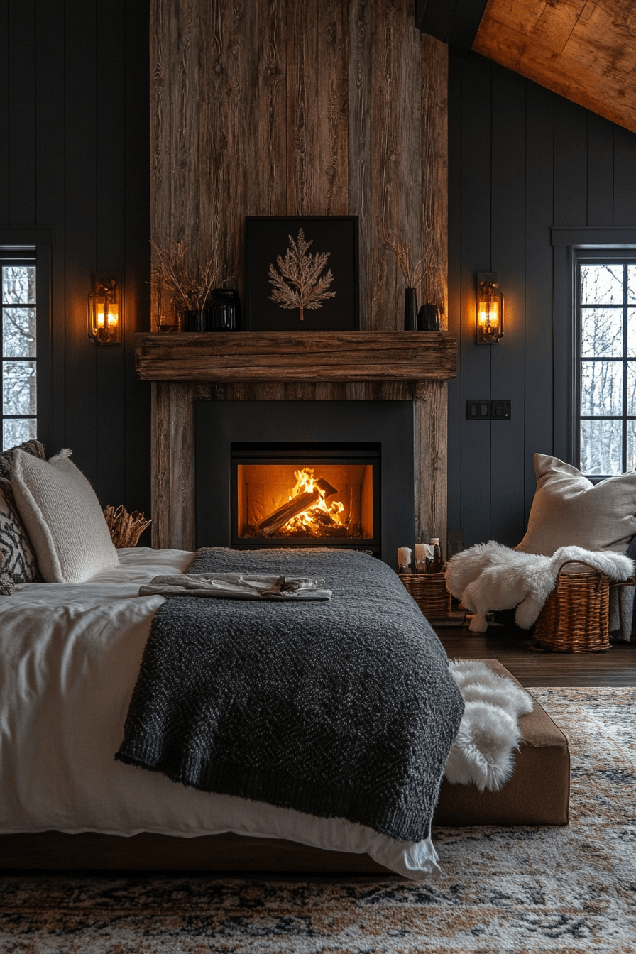 A lodge-inspired cozy bedroom with deep neutrals, thick throws, and lantern lighting.