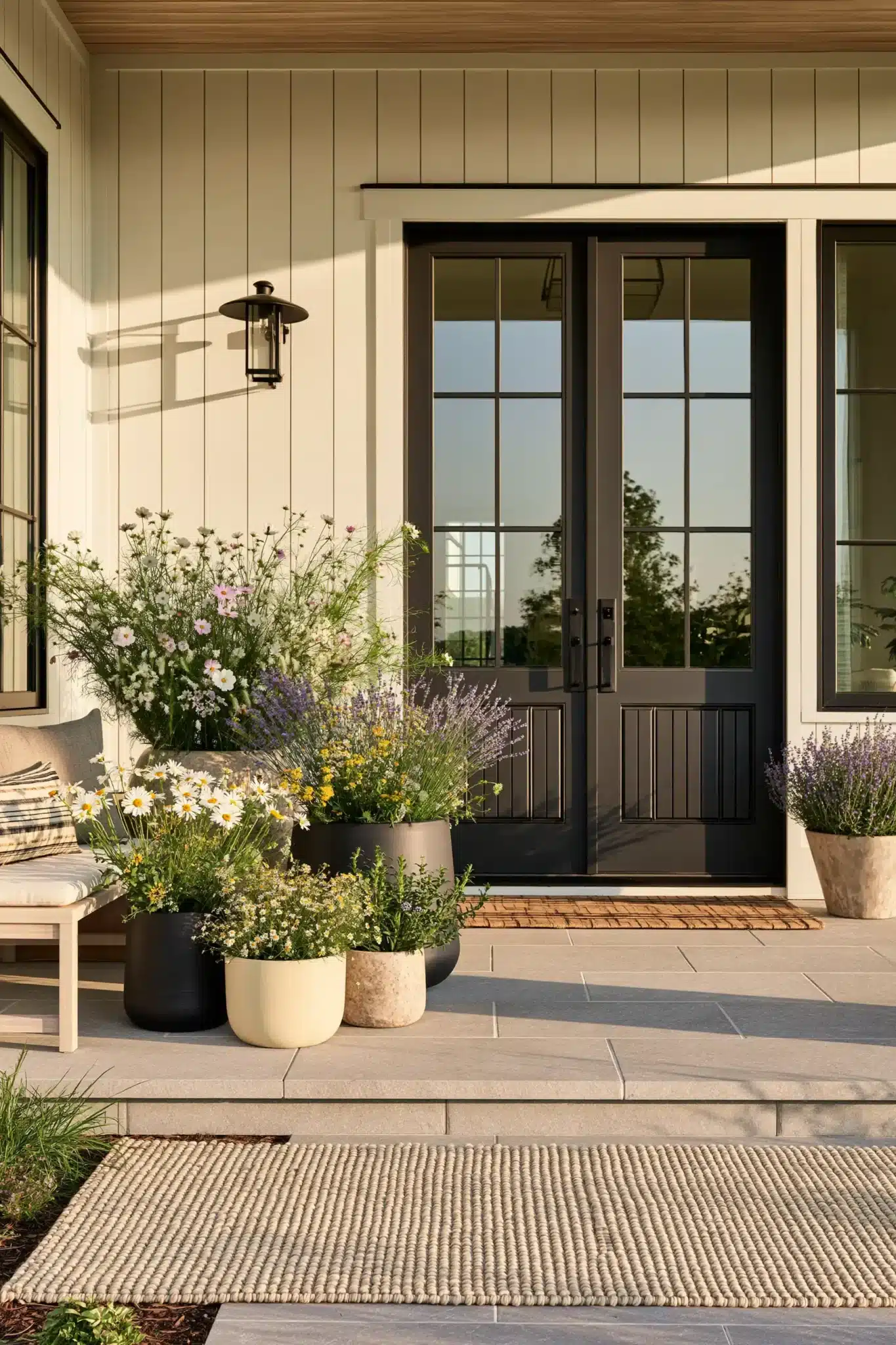 A spring porch with meadow-style flowers in simple containers and modern outdoor seating.