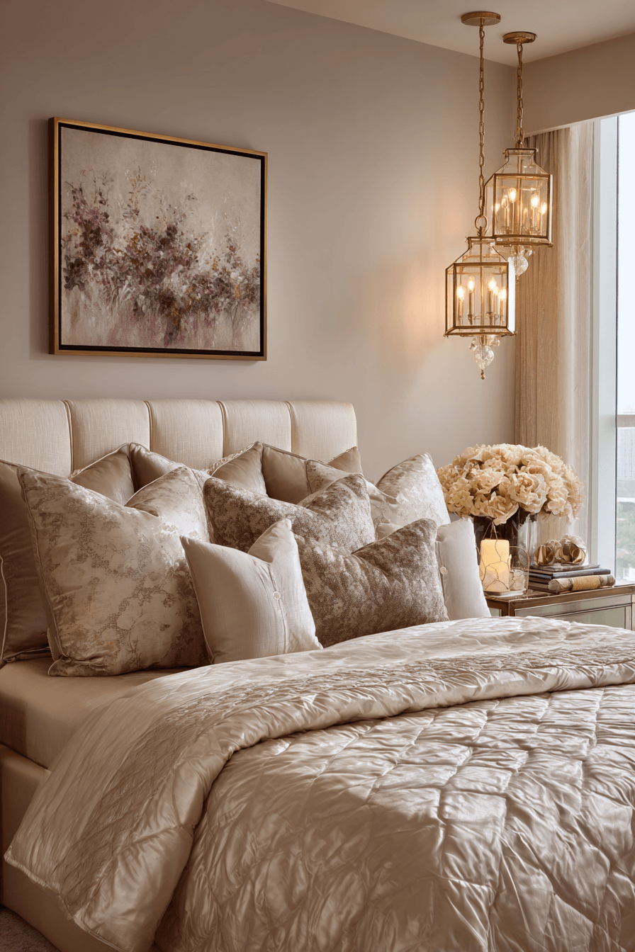 soft beige bedroom with low-key glamorous details