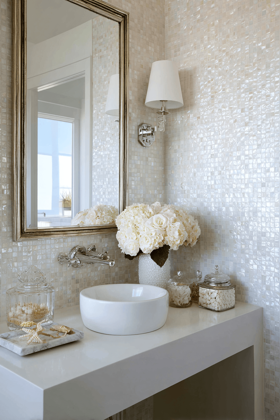 Elegant beachy powder room with pearly tile, reflective surfaces, and soft white tones