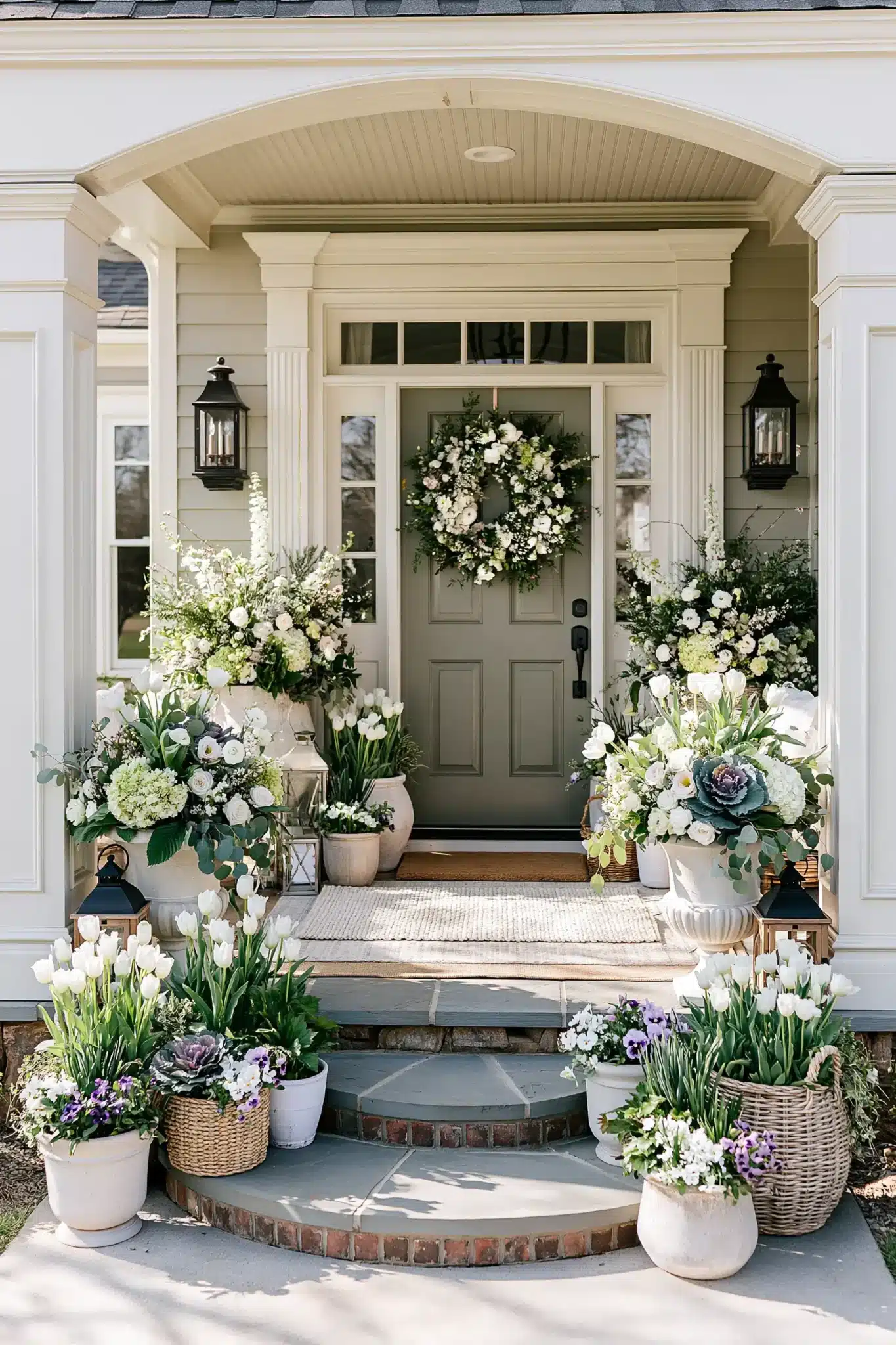 A spring front porch with abundant flowers, planters, hanging baskets, and a welcoming front door.